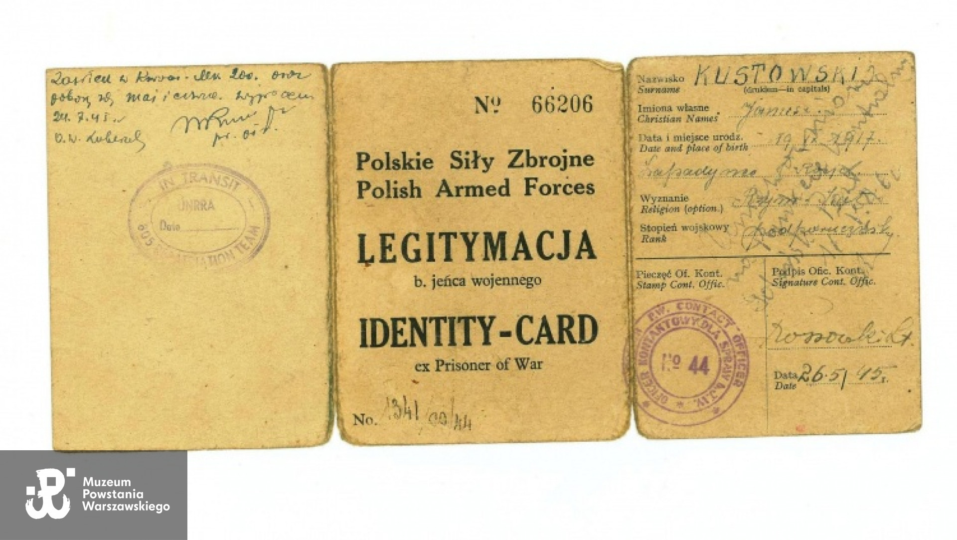 Legitymacja b. jeńca wojennego nr 66206 należąca do Janusza Kustowskiego [MPW]