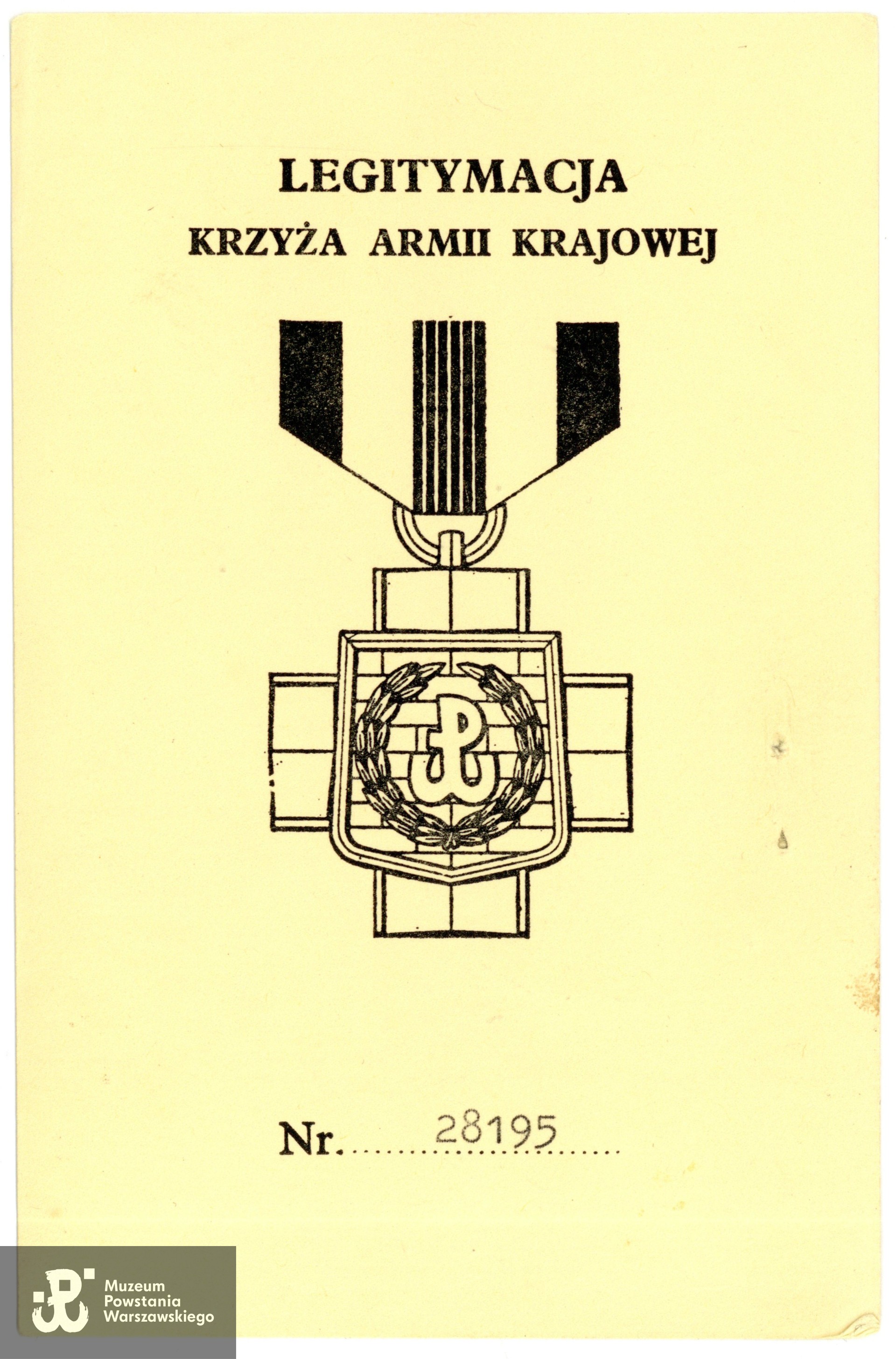 Legitymacja odznaczeniowa - Krzyż Armii Krajowej.  Ze zbiorów Muzeum Powstania Warszawskiego, P/10053/25, dar p. Marii Burowskiej 