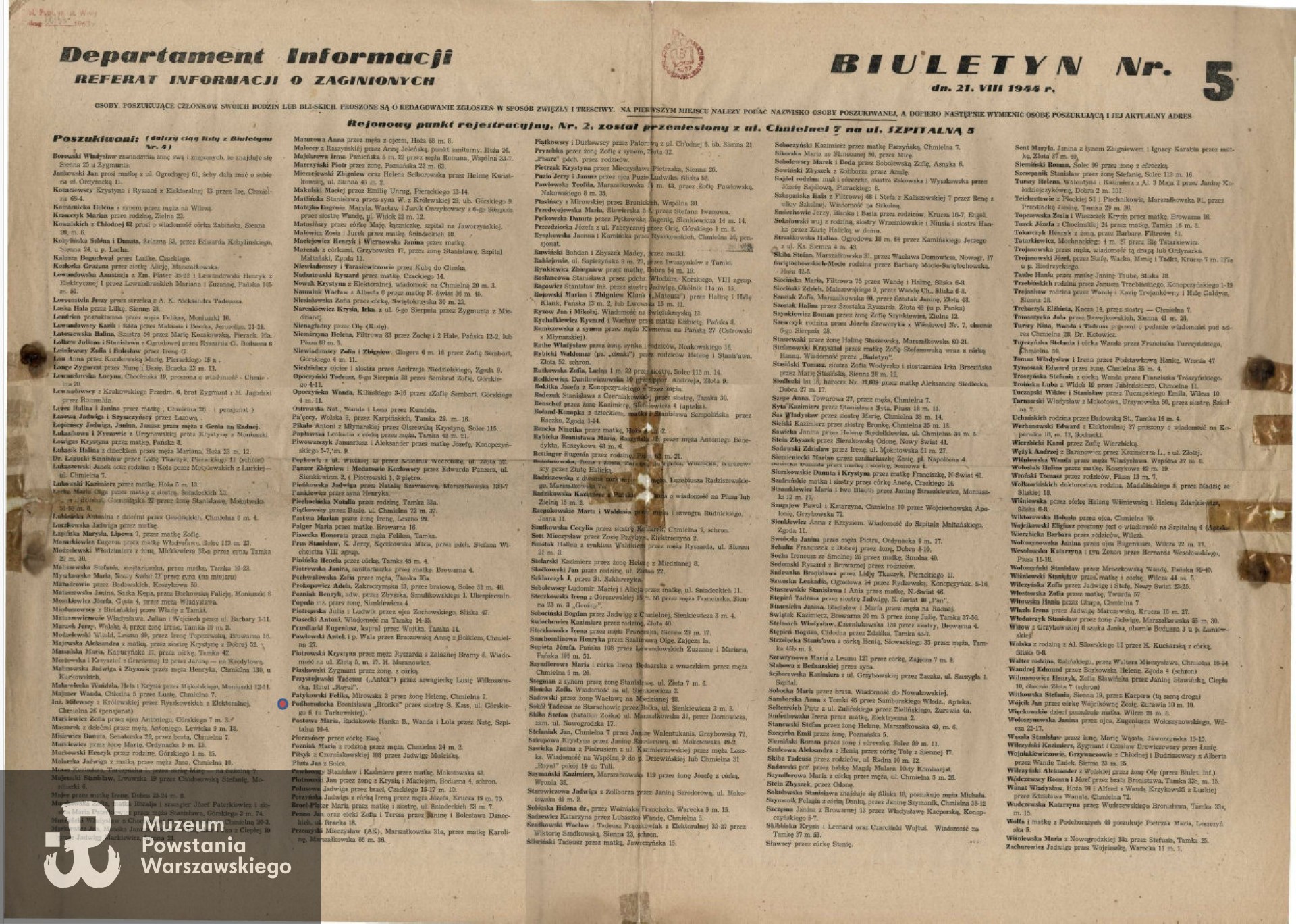 Biuletyn Informacyjny nr 5 z 21.VIII.1944, w którym Bronisława Podhodorecka„Bronka” jest poszukiwana przez siostrę. Skan udostępniła p. Ewa Głębowicz, wnuczka p. Marii Dyrzyńskiej, przyjaciółki Bronisławy Podhorodeckiej 