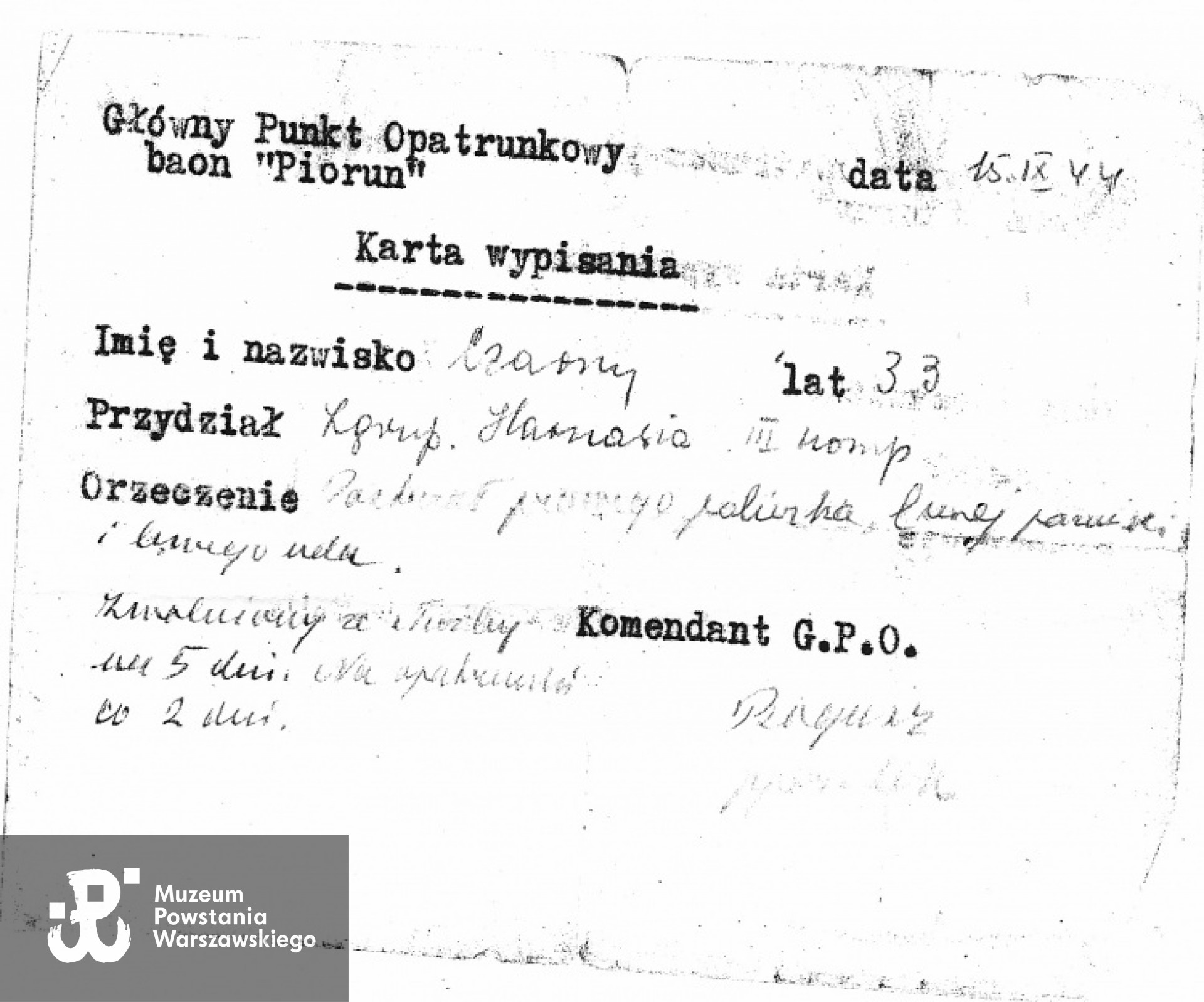 Karta wypisania z G.P.O. baonu "Piorun" w Śródmieściu Południe. Z archiwum rodzinnego Wojciecha Stasiakowskiego  