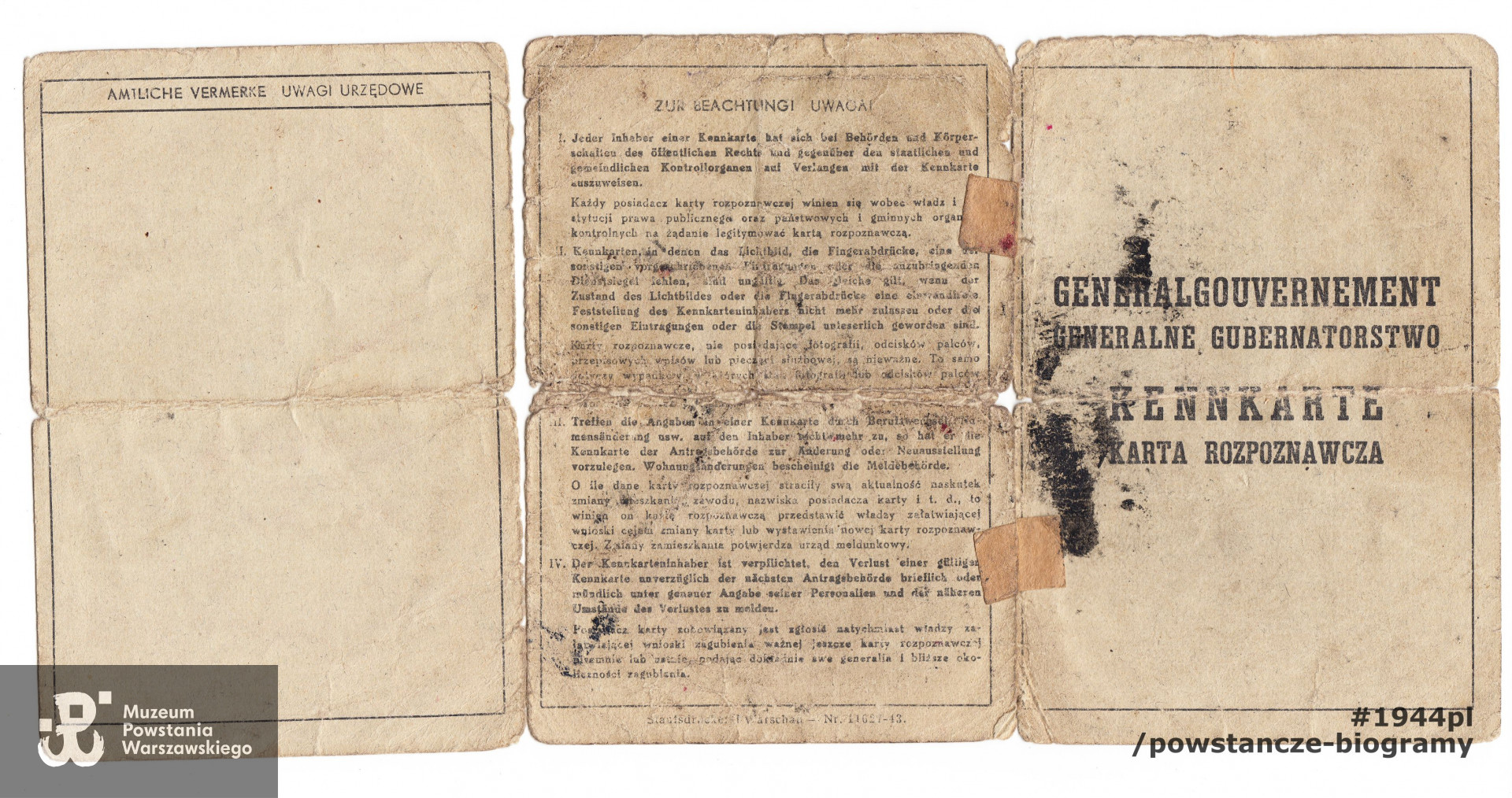 Należąca do Aliny Riedel  "lewa" karta rozpoznawcza (niem. Kennkarte). Dokument ze zbiorów  rodzinnych, udostępniła p. Agnieszka Nagalska z domu Riedel