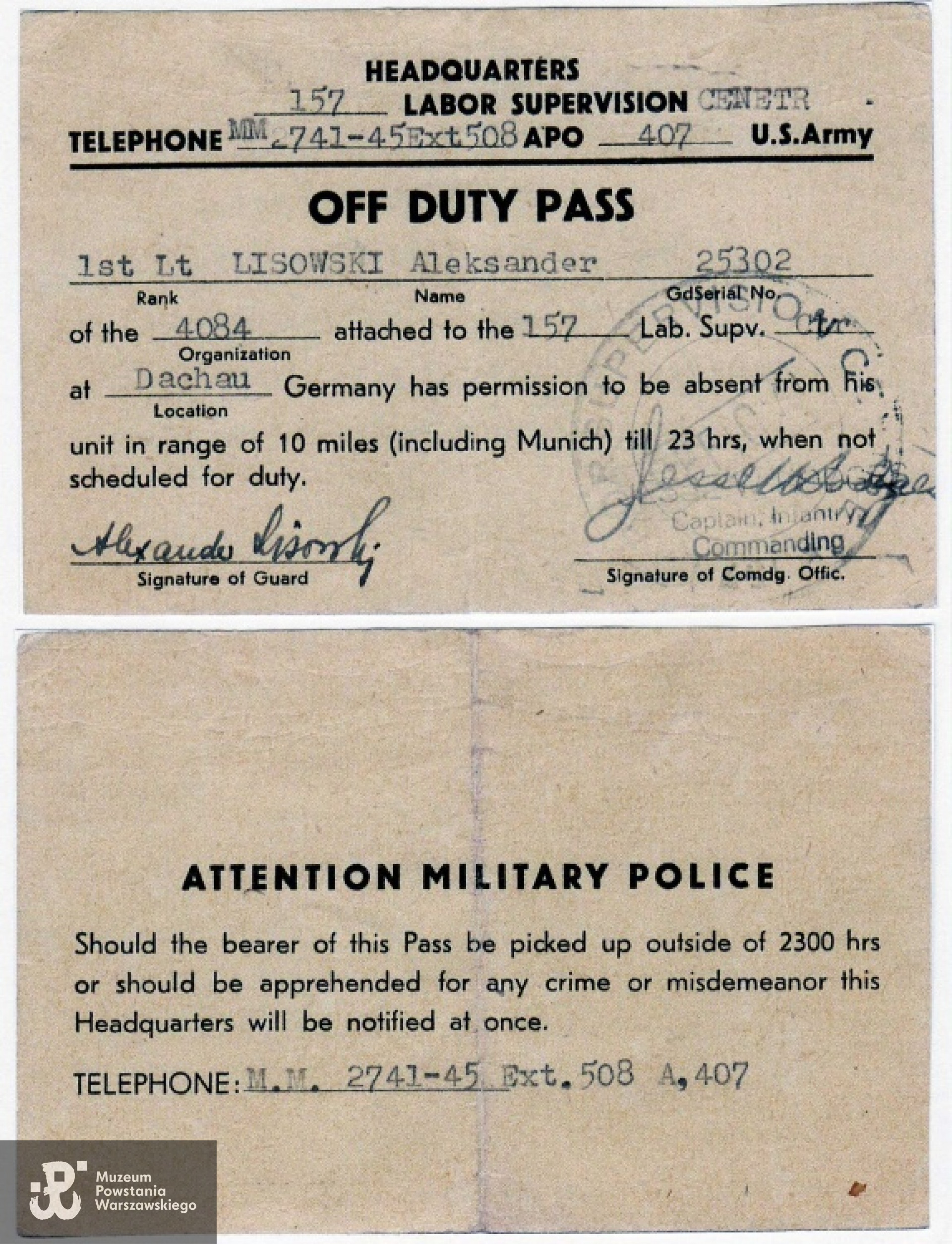 Przepustka Polskich Kompanii Wartowniczych przy Sądzie Amerykańskim dla przestępców wojennych w Dachau