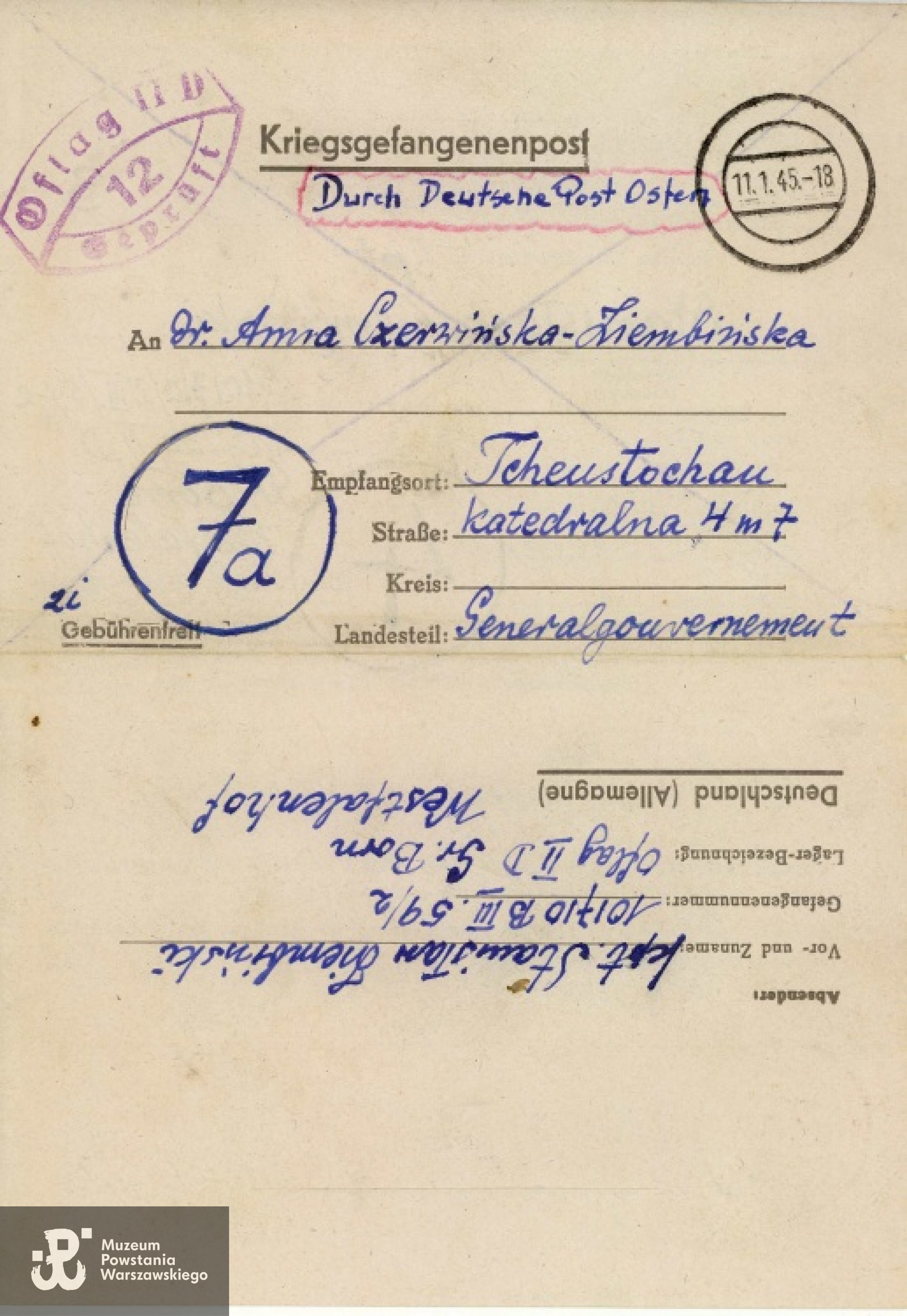 List z Oflagu II D do Anny Czerwińskiej-Ziembińskiej