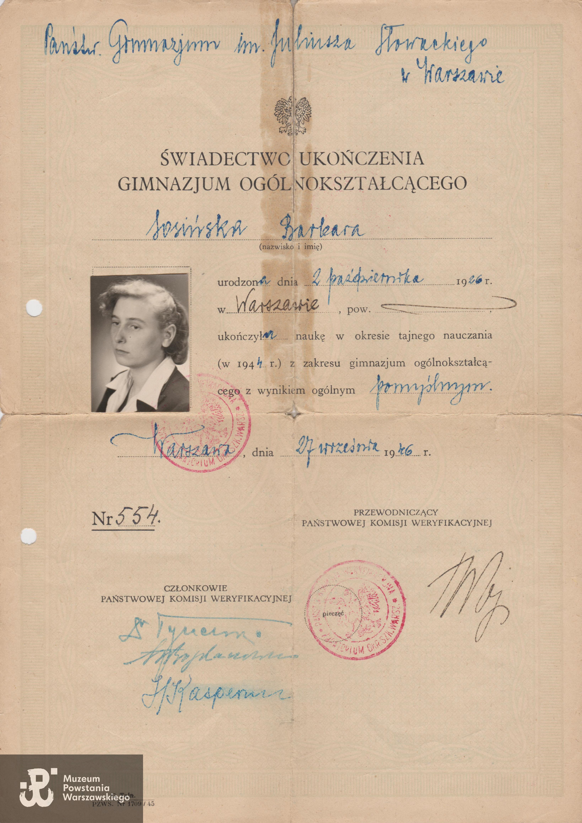 Dokument z archiwum rodzinnego Barbary i Janusza Sosińskich