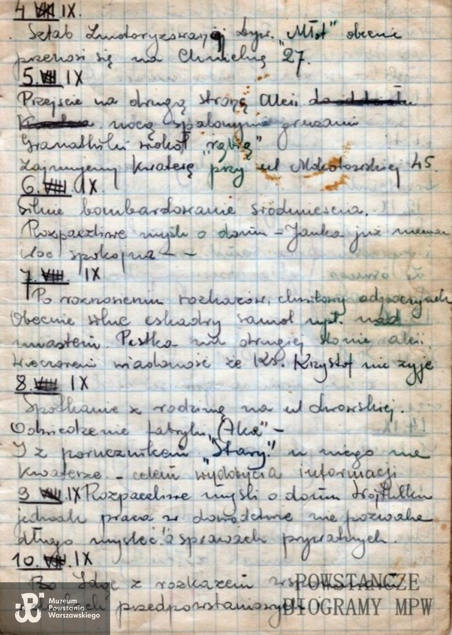 Fragment zapisków Czesławy Bazelczuk w okresy Powstania Warszawskiego. Fot. archiwum rodzinne