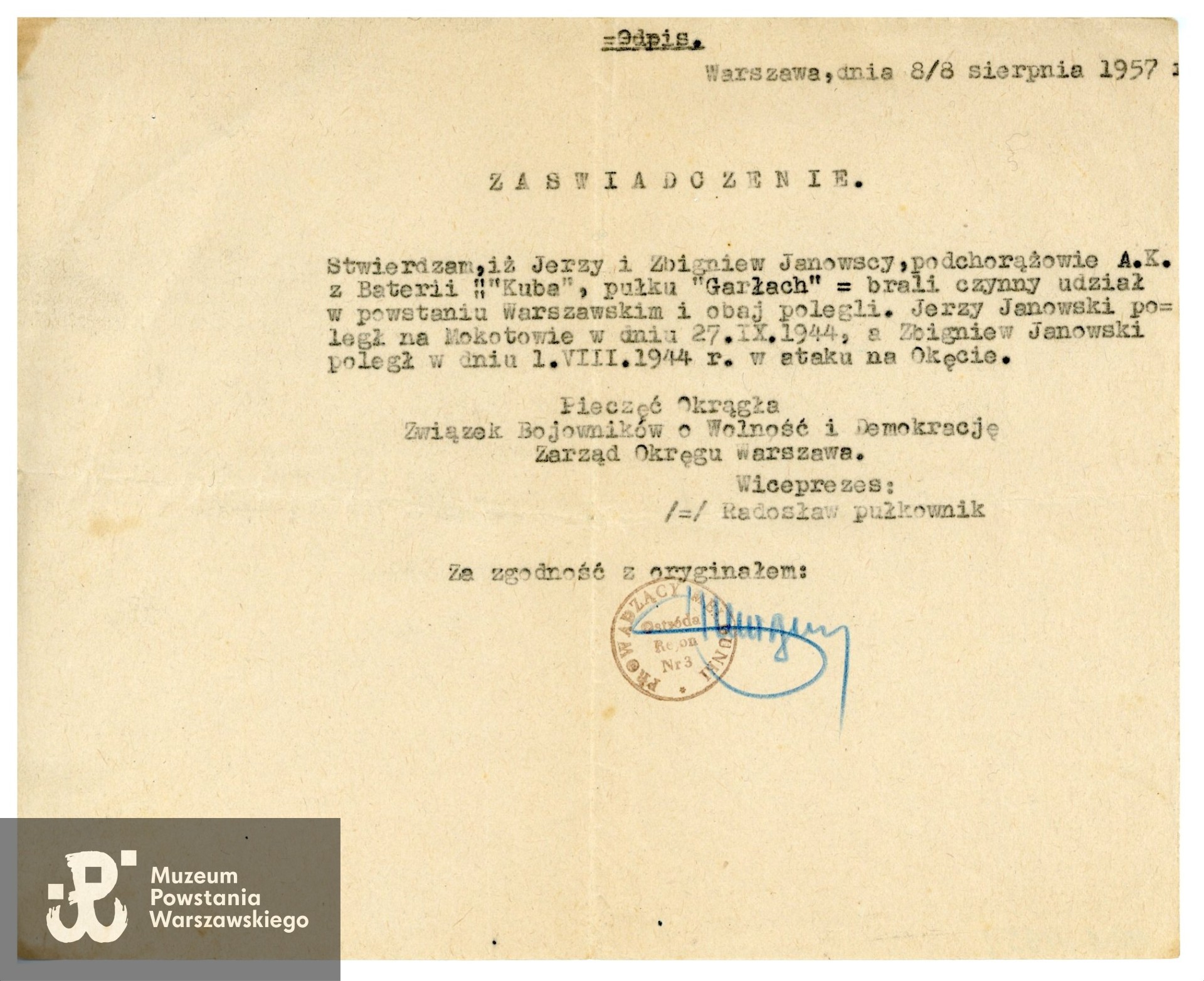 Ze zbiorów Muzeum Powstania Warszawskiego, sygn. P/8719/16, dar p. Krzysztofa Fronczyka