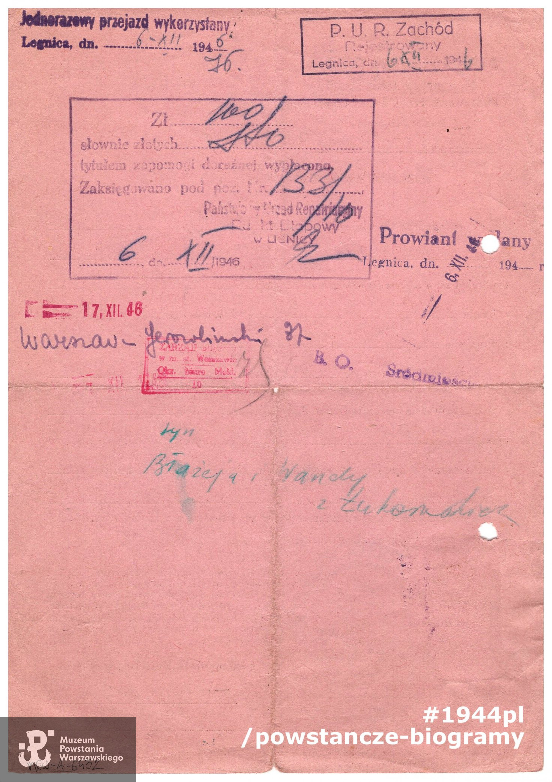 Zaświadczenie Państwowego Urzędu Repatriacyjnego - rewers dokumentu. Ze zbiorów Muzeum Powstania Warszawskiego