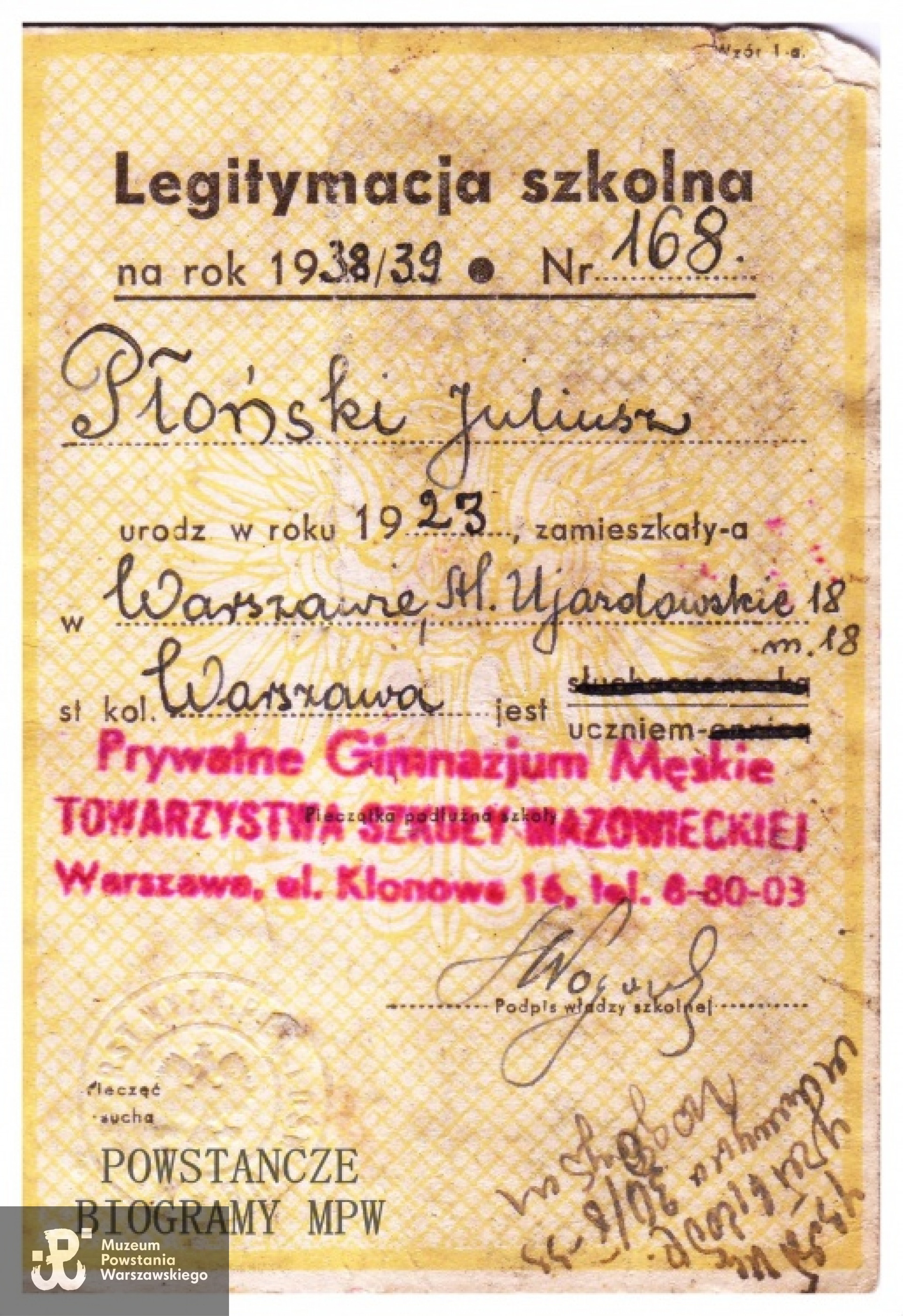 Legitymacja szkolna Juliusza. Z archiwum rodzinnego, udostępniła p. Ewa Płońska - Hyjek