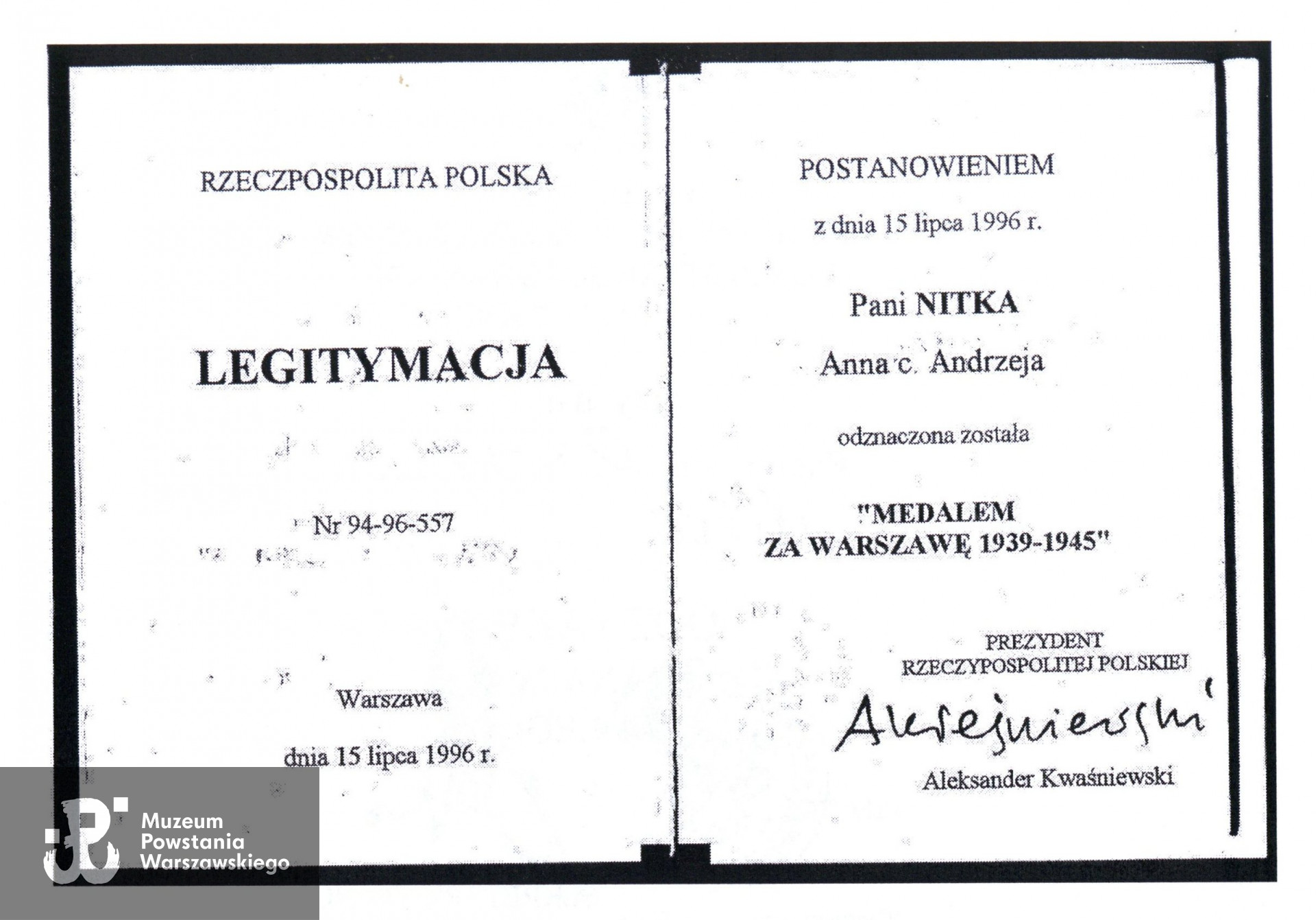 Muzeum Powstania Warszawskiego, Teczki personalne uczestników Powstania Warszawskiego: Morawska Anna "Anna", zasób Pokoju Kombatanta MPW