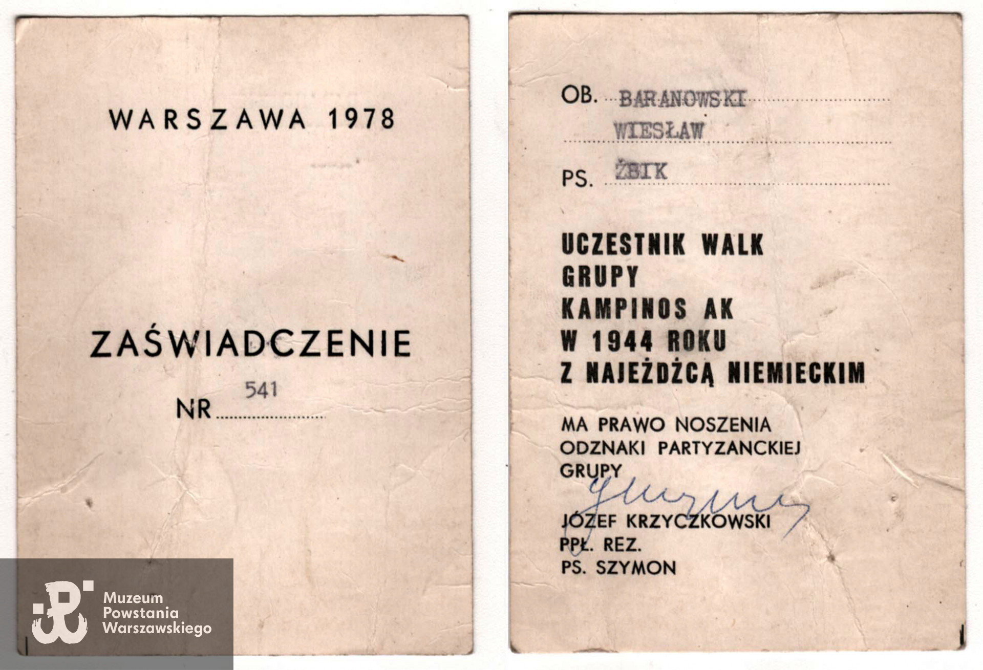 Legitymacja Odznaki Pamiątkowej Grupy Kampinos. Dokument ze zbiorów rodzinnych, skan udostępnił p. Sebastian Baranowski, wnuk Powstańca.