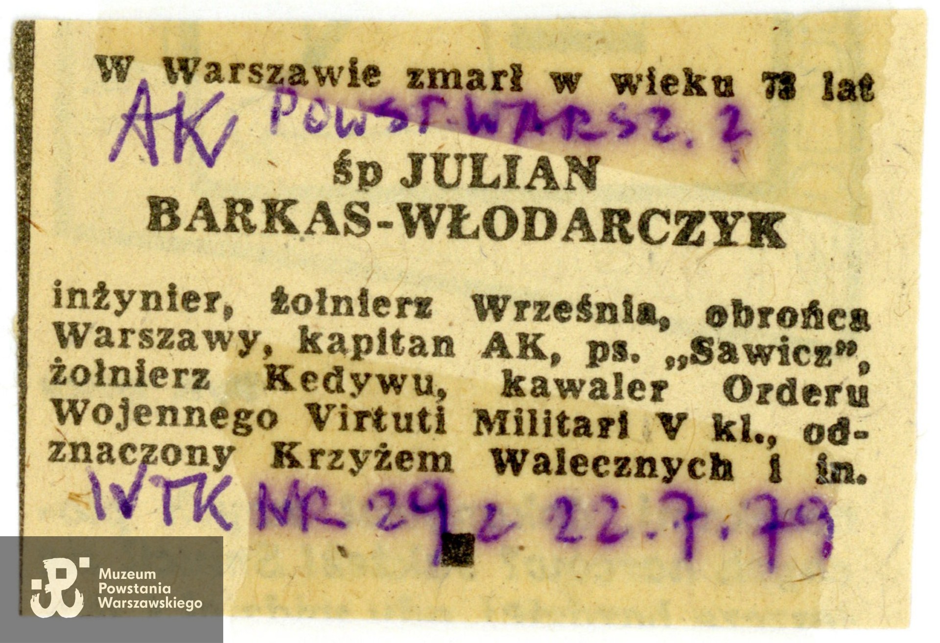 Nekrolog prasowy, 1979 rok, źr. Muzeum Powstania Warszawskiego, Teczki personalne uczestników Powstania Warszawskiego: Barkas (Barkas-Włodarczyk) Julian ps. Sawicz
