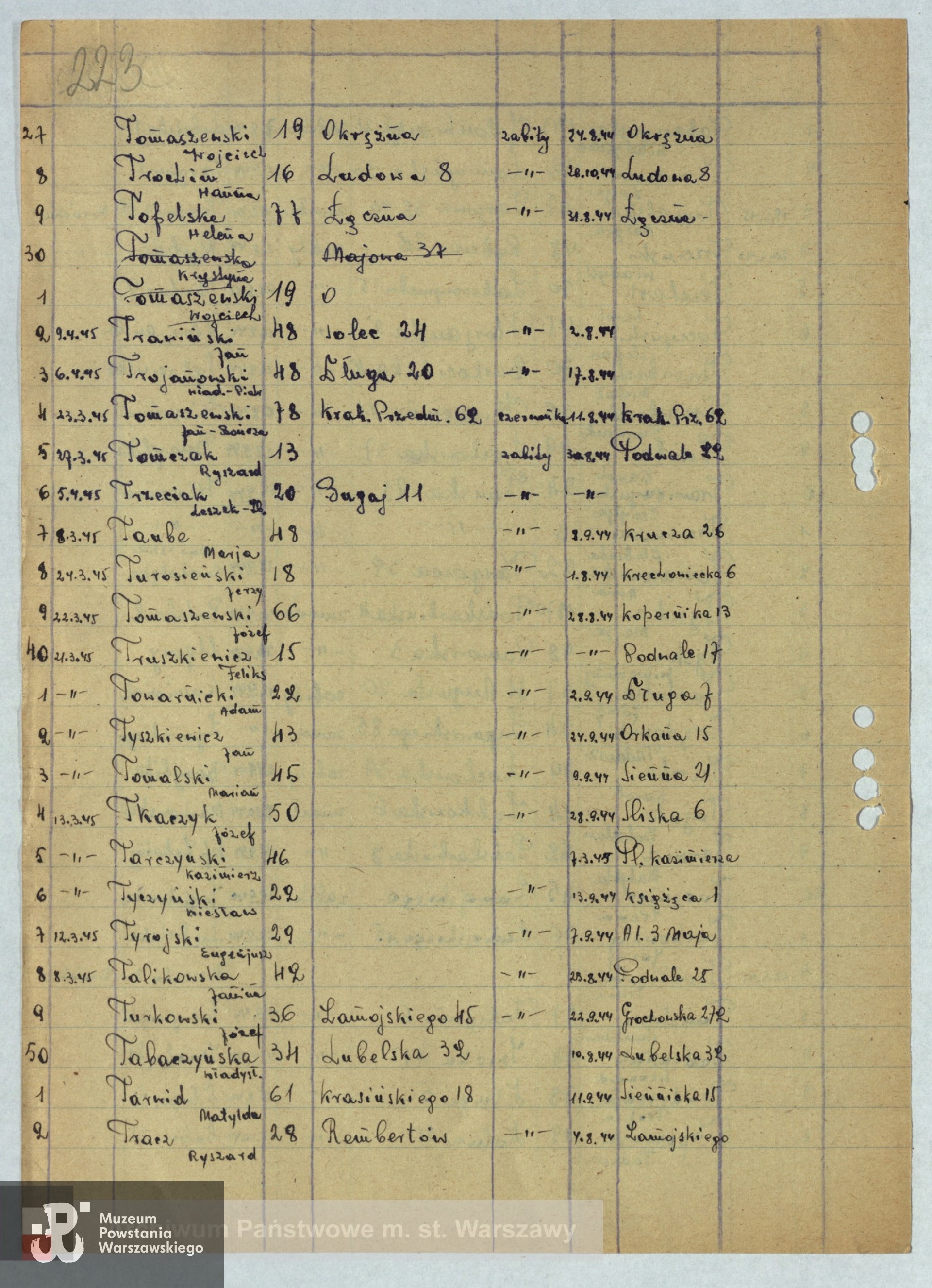 Archiwum Państwowe m. st. Warszawy - listy ekshumowanych