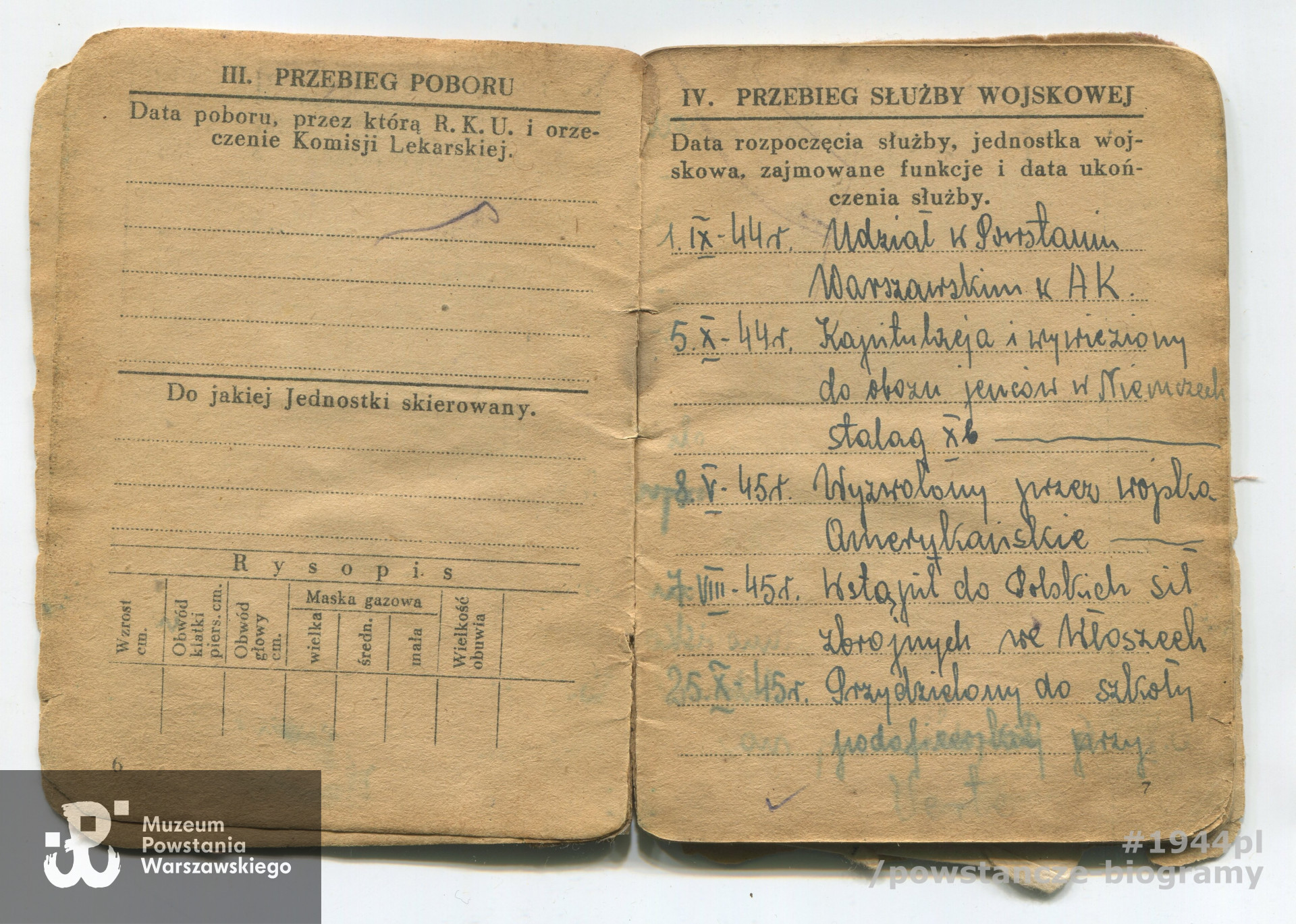 Książeczka wojskowa, str. 6-7. Ze zbiorów rodzinnych p. Stanisława Bogdanowicza ps. "Bogdan"