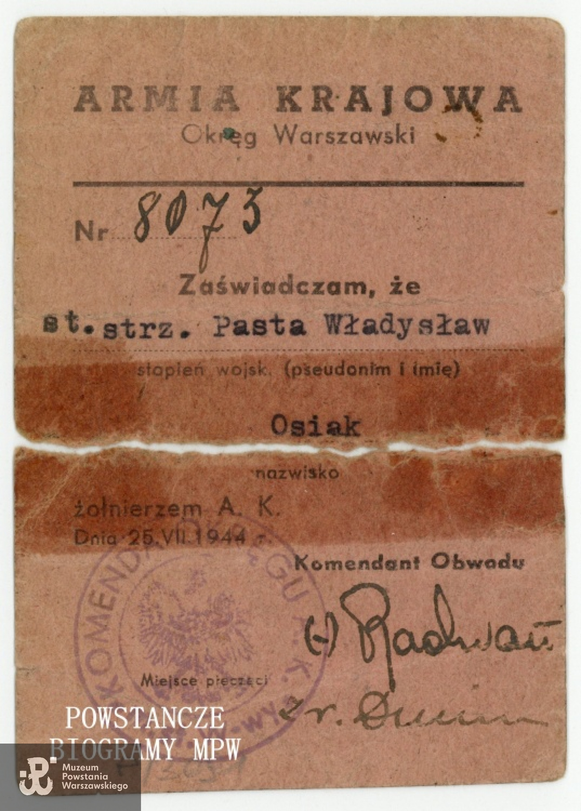 Legitymacja żołnierza Armii Krajowej. Ze zbiorów Muzeum Powstania Warszawskiego, sygn. P/3091, dar Stefanii Osiak