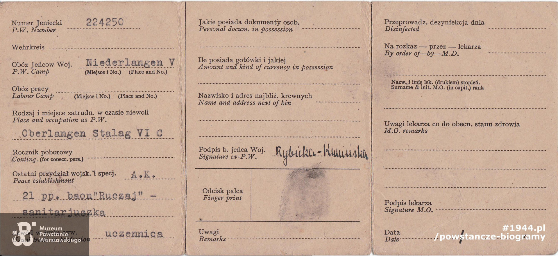 Należąca do Joanny Rybickiej ps. "Gustawa" legitymacja byłego Jeńca Wojennego.  Z archiwum rodzinnego udostępnił p. Miłowit Kuniński    