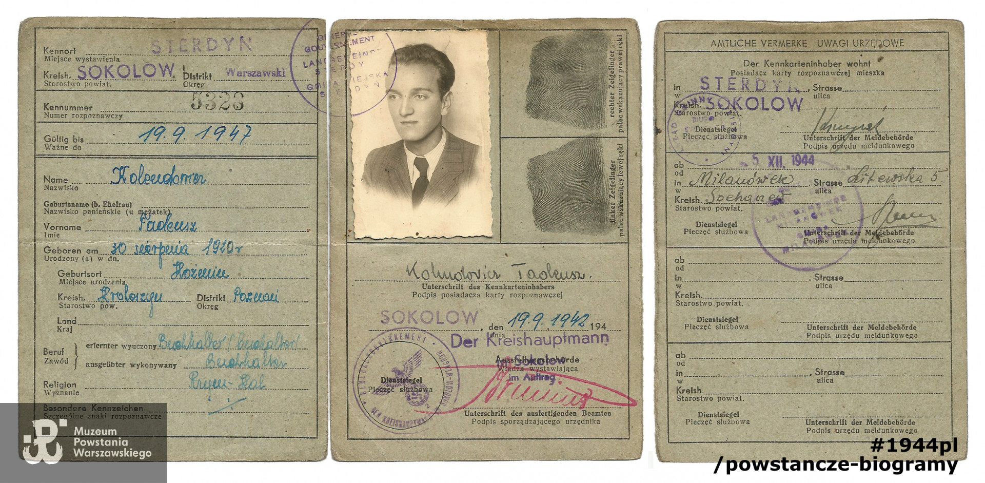 Należąca do Tadeusza Kolendowicza kenkarta (niem. Kennkarte, karta rozpoznawcza) - dokument tożsamości wystawiany przez niemieckie władze okupacyjne. Ze zbiorów rodzinnych p. Ewy Kolendowicz