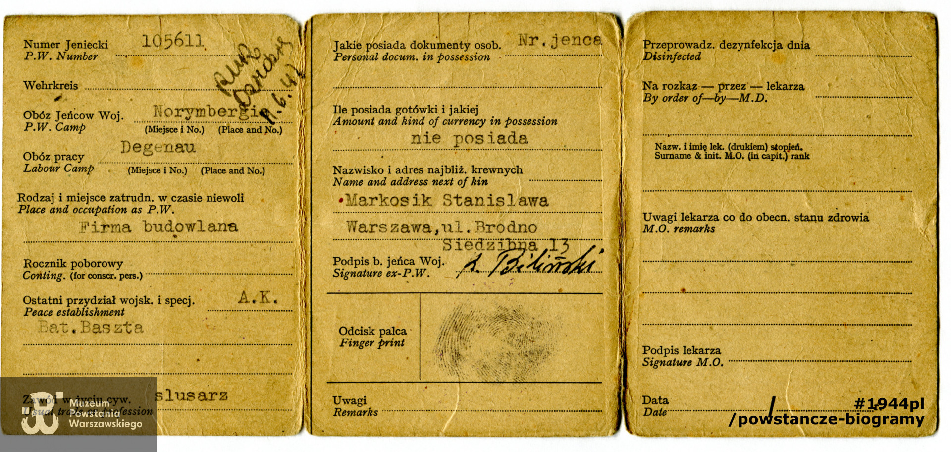 Należąca do Kazimierza Bilińskiego legitymacja byłego jeńca wojennego.   Ze zbiorów rodzinnych pp. Stokłosów. Skany wykonano w Muzeum Powstania Warszawskiego w listopadzie 2021 r.