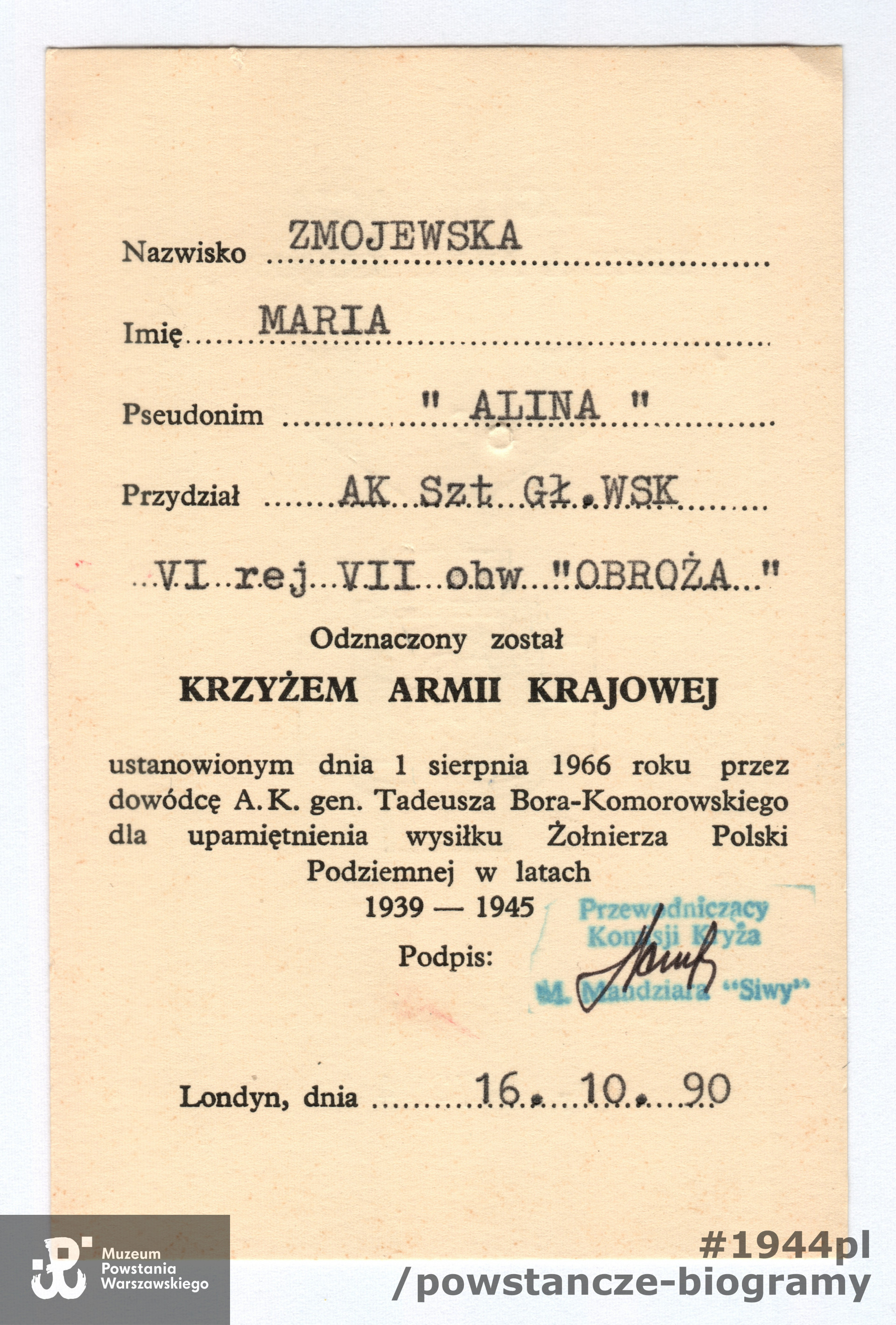 Legitymacja odznaczeniowa - Krzyż Armii Krajowej. Ze zbiorów p. Marii Znojewskiej