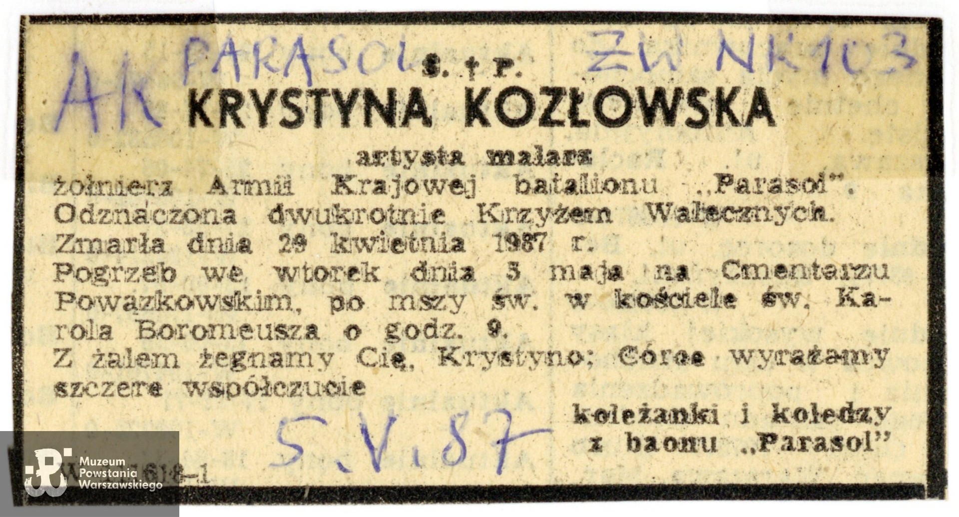 Muzeum Powstania Warszawskiego,  Teczki personalne uczestników Powstania Warszawskiego: Kozłowska Krystyna ps. Krystyna