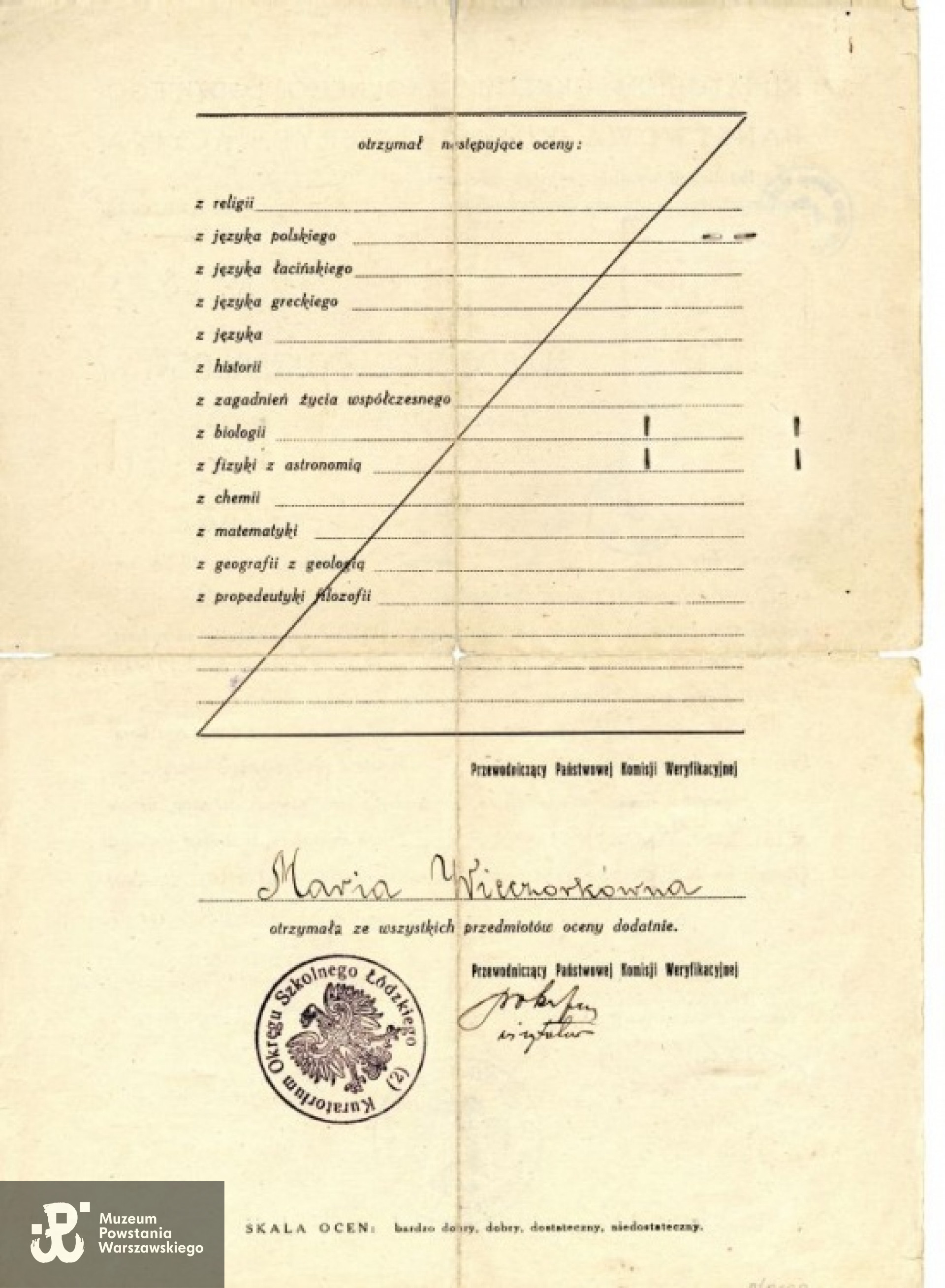 Świadectwo dojrzałości. Ze zbiorów Muzeum Powstania Warszawskiego, sygn. P/8272