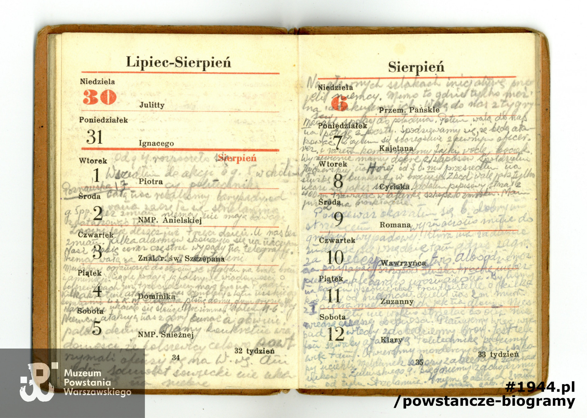 W kalendarzyku prowadzony był pamiętnik obejmujący okres Powstania Warszawskiego i pobyt w niewoli. Ze zbiorów Muzeum Powstania Warszawskiego, sygn. P/8768/17