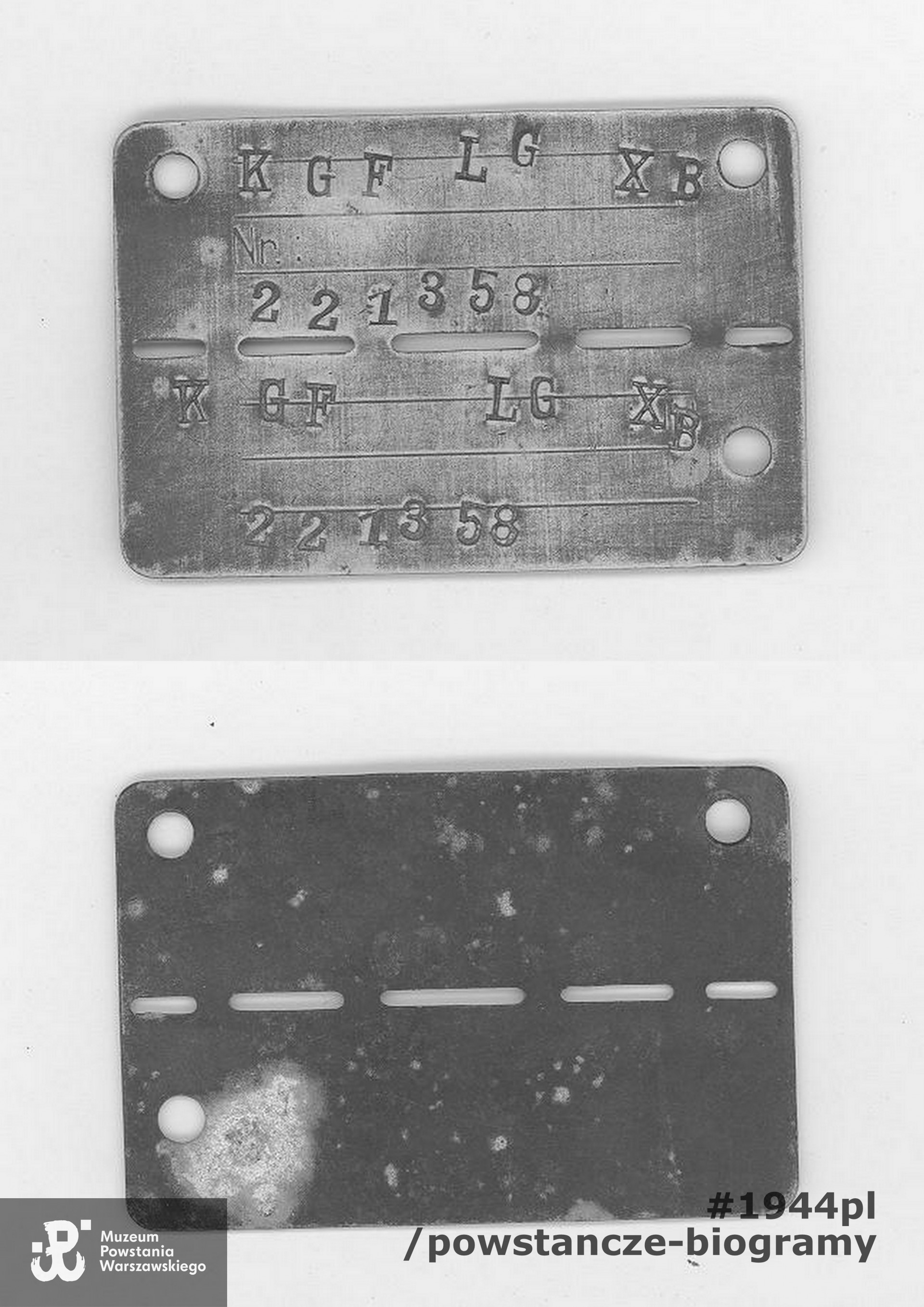 Nieśmiertelnik obozowy (tzw. blaszka jeniecka) należący do Zbigniewa Forina ps. „Lwów” (1929-2021). Skan: materiały do Słownika Uczestników PW - zasób Pokoju Kombatanta MPW