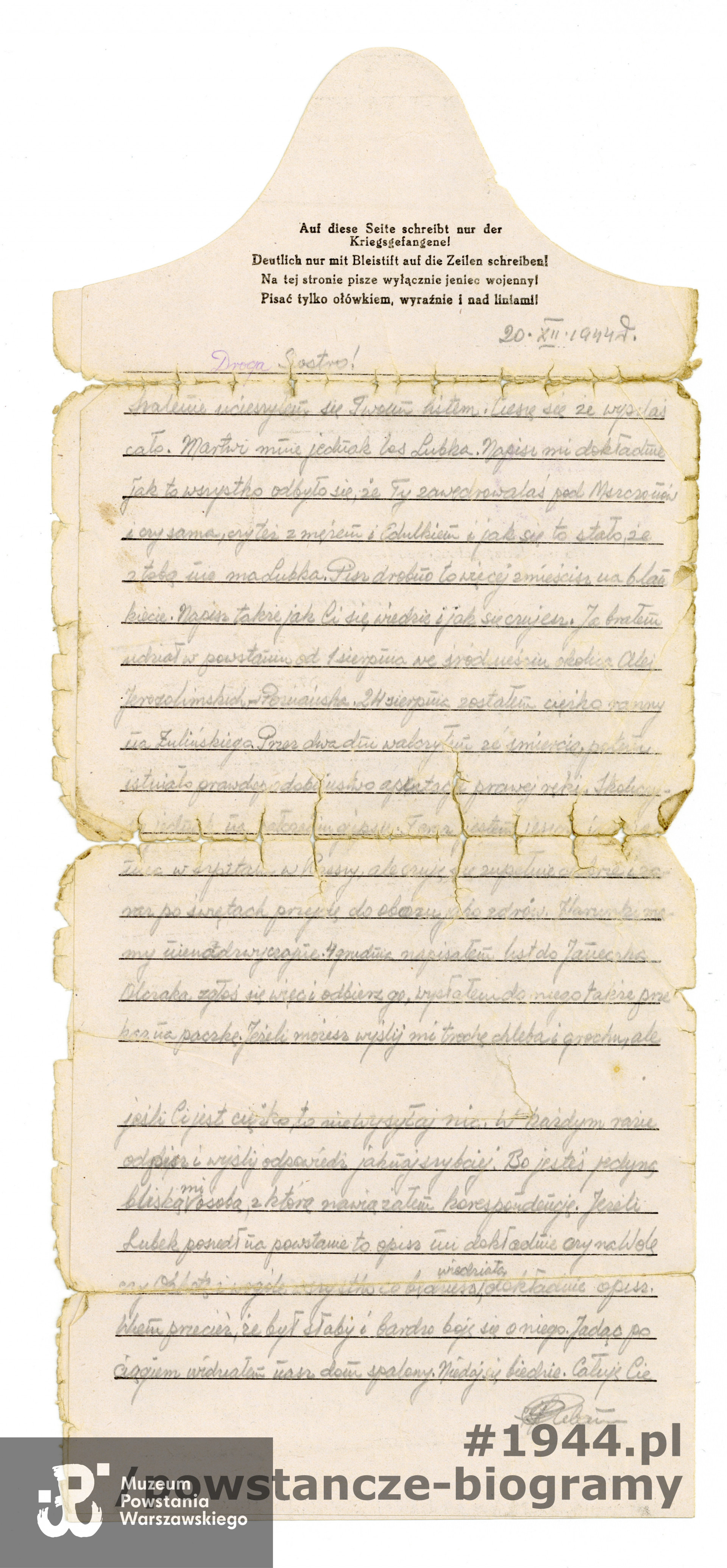 List na formularzu obozowym skierowany przez Zygmunta Plabana do siostry - Teodozji Kordasiewicz, z dn. 20.12.1944. Ze zbiorów Muzeum Powstania Warszawskiego, sygn.  P/8768/17