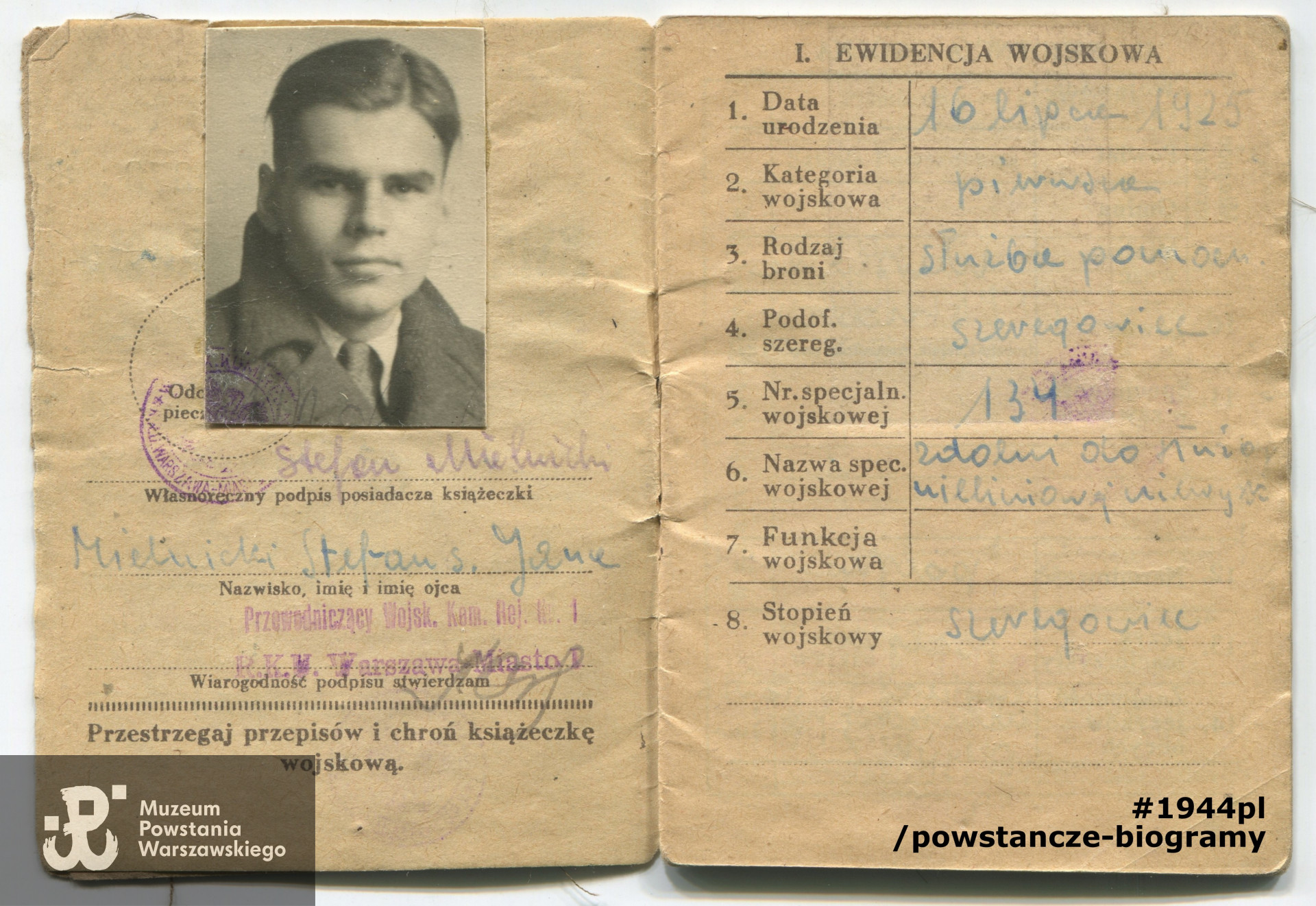 Książeczka wojskowa. Ze zbiorów Stefana Mielnickiego ps. Mróz. Skan: Pokój Kombatanta MPW - materiały do Słownika Uczestników PW