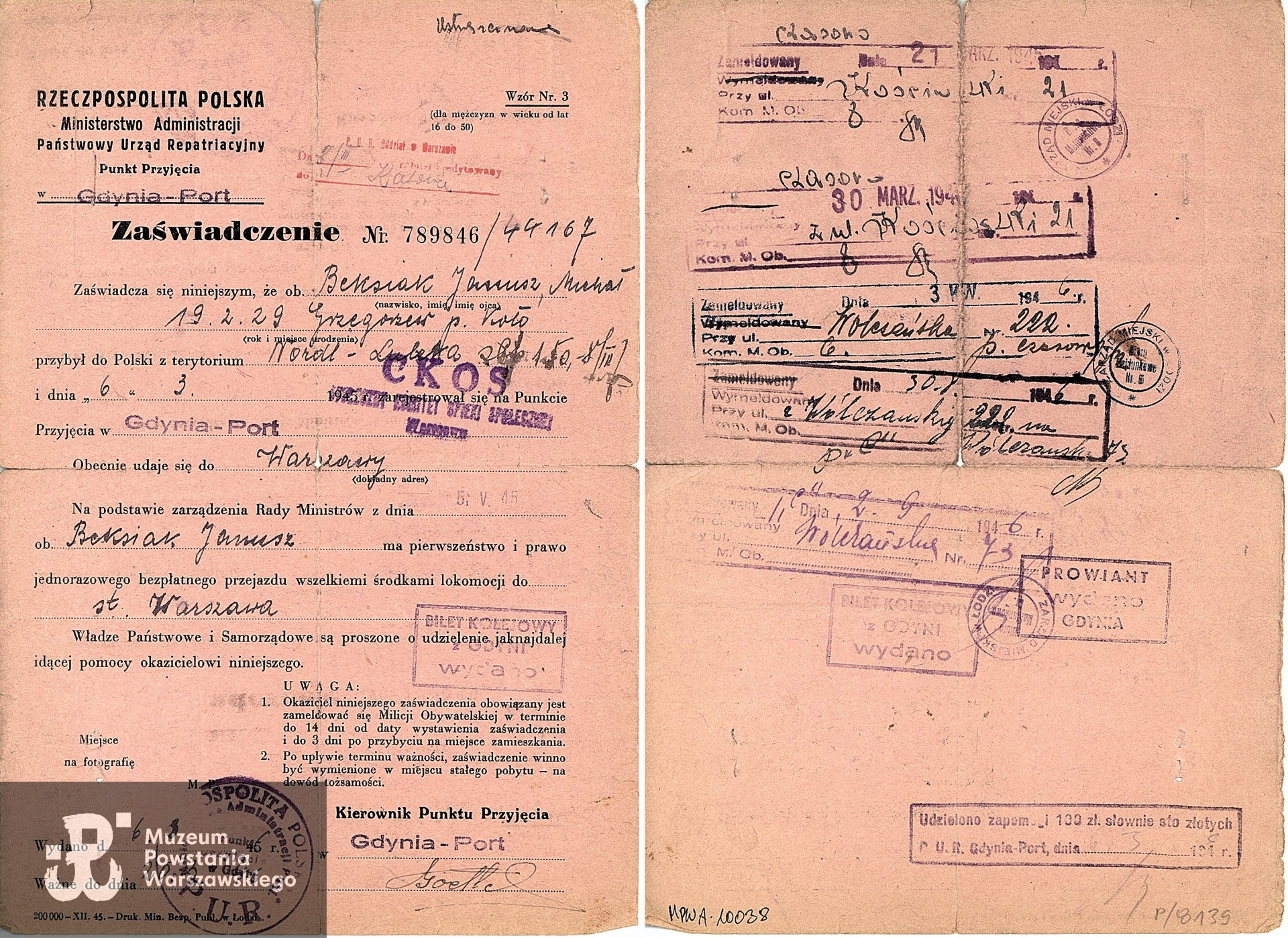 Zaświadczenie Państwowego Urzędu Repatriacyjnego, wystawione dla powracającego do kraju Janusza Beksiaka. Zbiory Muzeum Powstania Warszawskiego; sygn. MPW-A-10038.