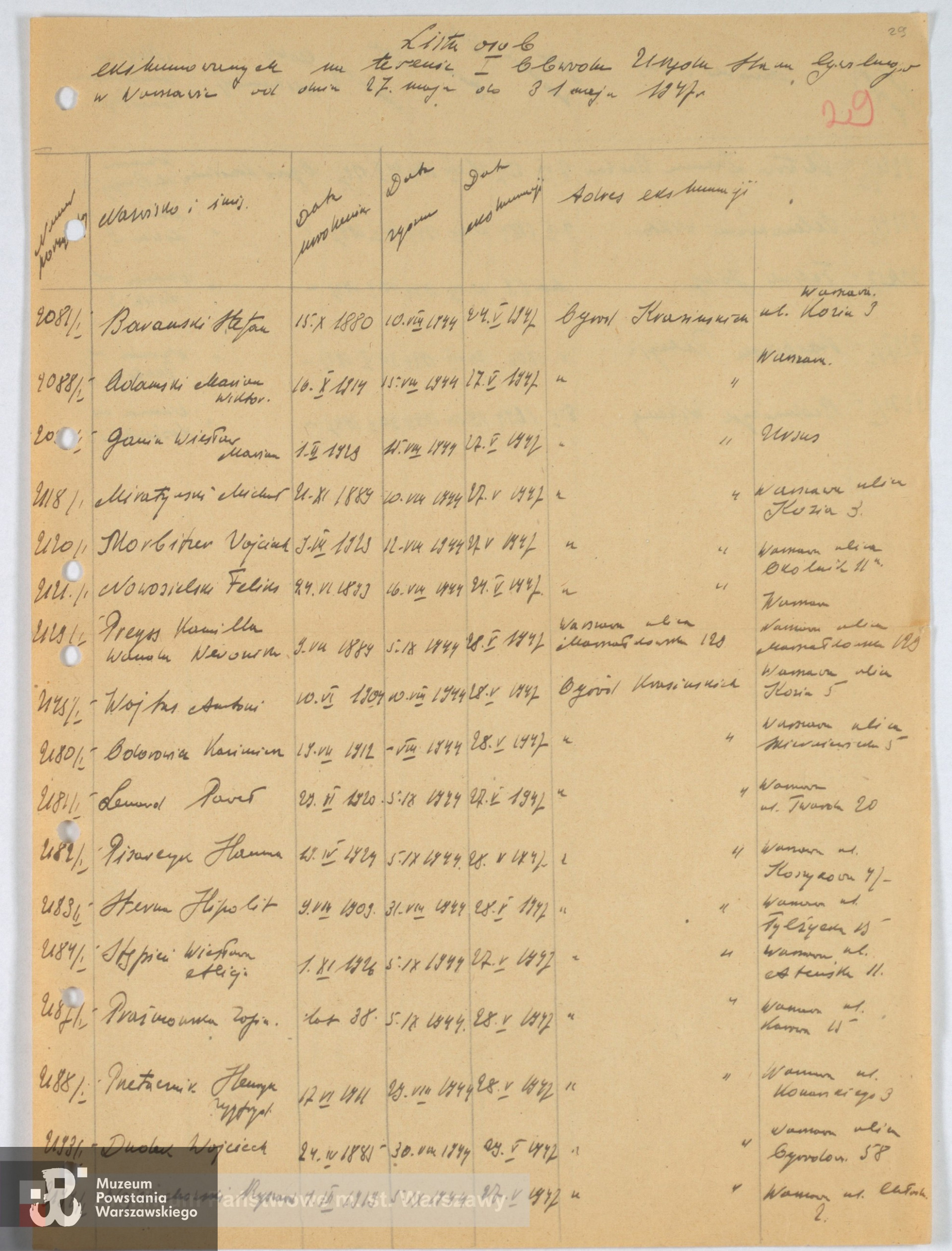 Archiwum Państwowe m. st. Warszawy - Listy ekshumowanych