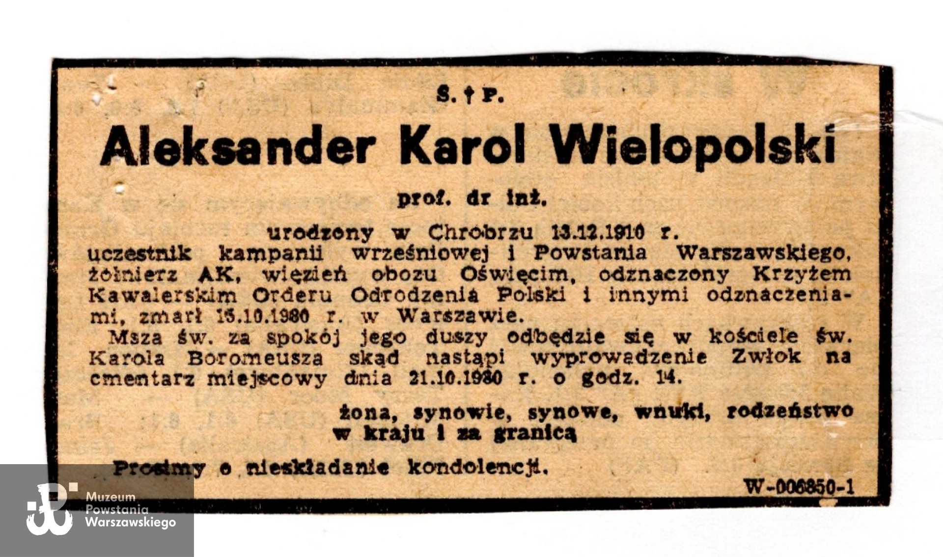 Nekrolog prasowy, 1980 rok, źródło: Teczki personalne uczestników Powstania Warszawskiego