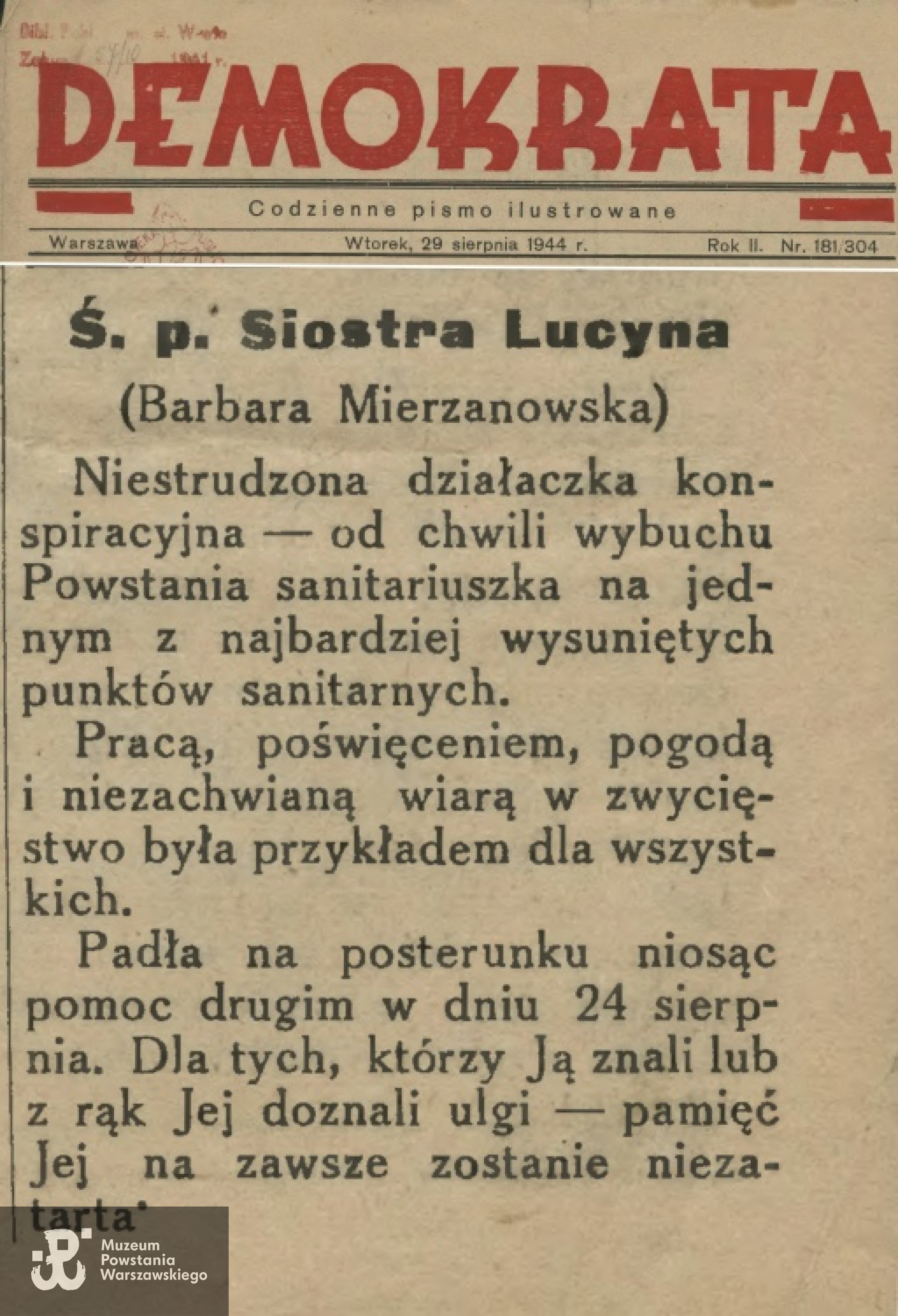 Fragment "Demokraty" z 29.08.1944 r. mówiący o śmierci  Barbary Mierzanowskiej - s. Lucyny. Skan : Jan  Wawszczyk/Archiwum 2HBAP
