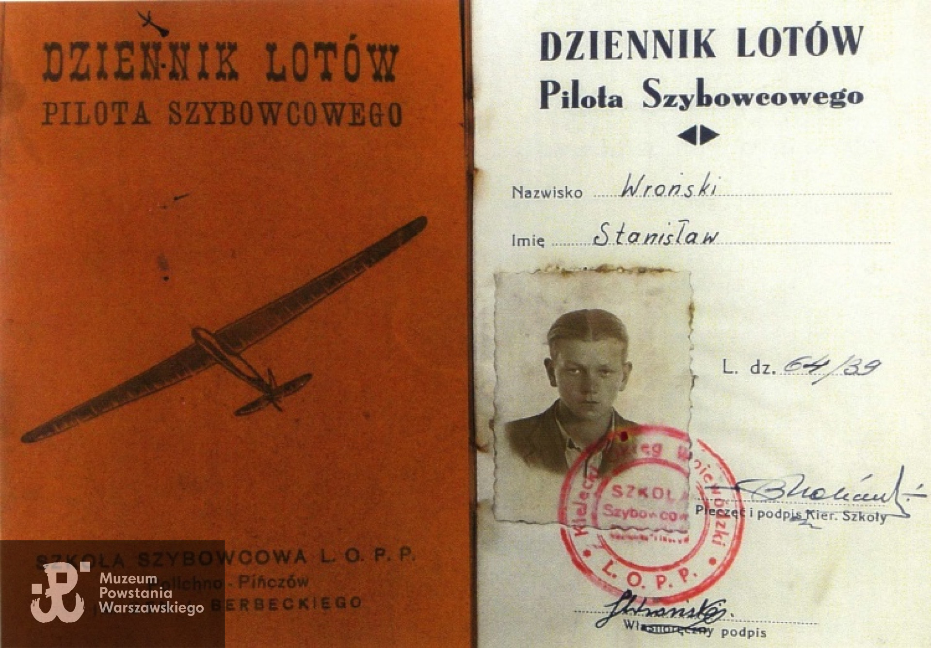 Dziennik lotów pilota szybowcowego - Szkoła Szybowcowa L.O.P.P  Polichno-Pińczów (1939 rok).  Z archiwum Krystyny Badowskiej