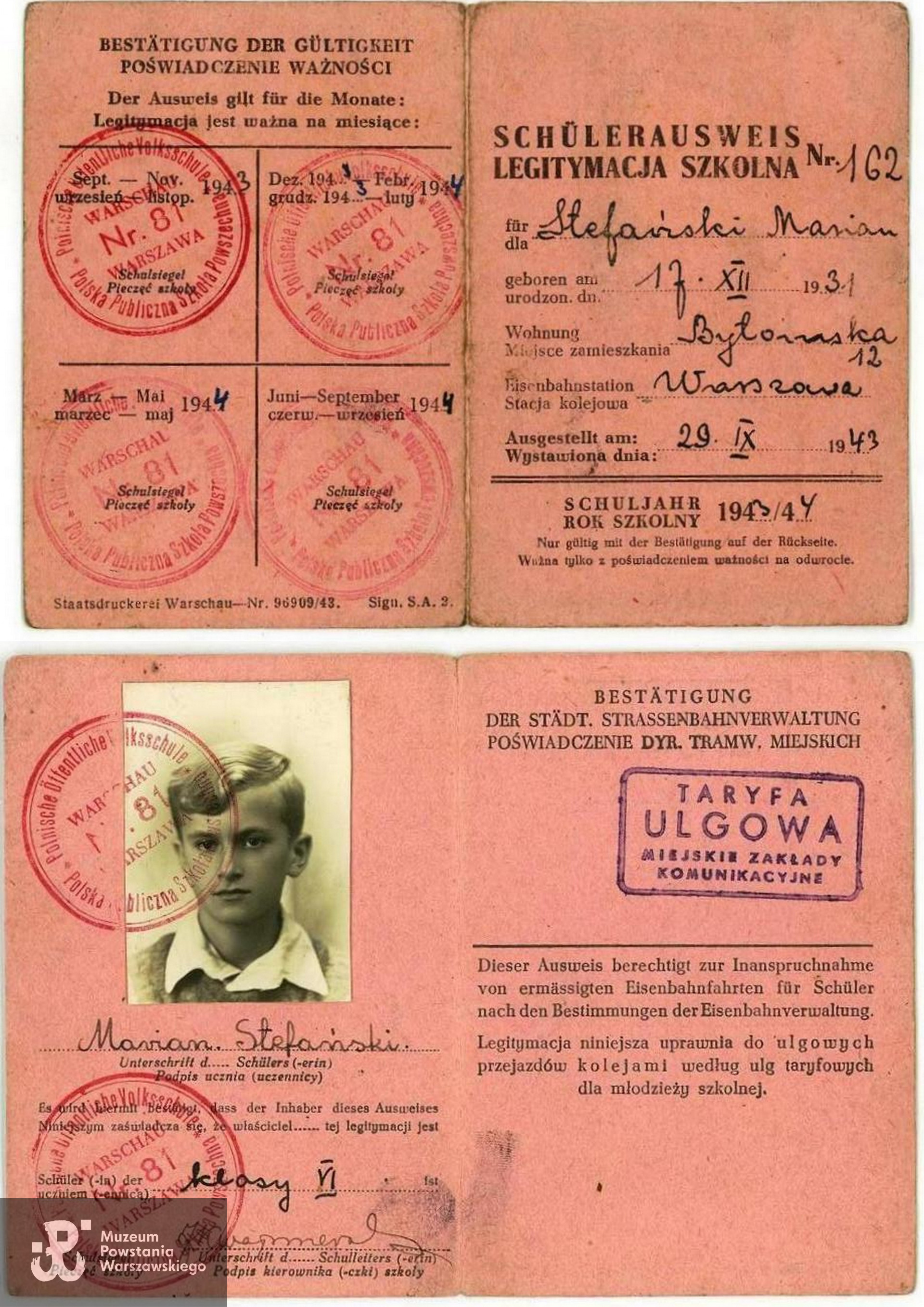 Należąca do Mariana Stefańskiego legitymacja szkolna z okresu okupacji. Skan: materiały do Słownika Uczestników PW - Pokój Kombatanta