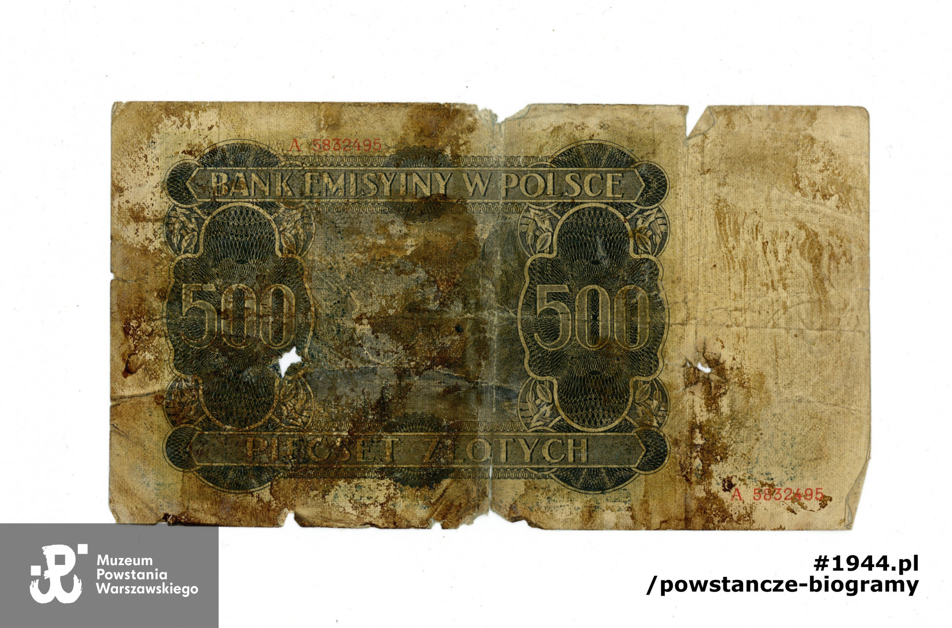 Banknot  - okupacyjna młynarka 500 zł, tzw. "góral" z widocznymi śladami krwi Antoniego Kępki oraz  widoczną dziurą po kuli.  Obecnie w zbiorach Muzeum Powstania Warszawskiego, dar Jerzego Kępki