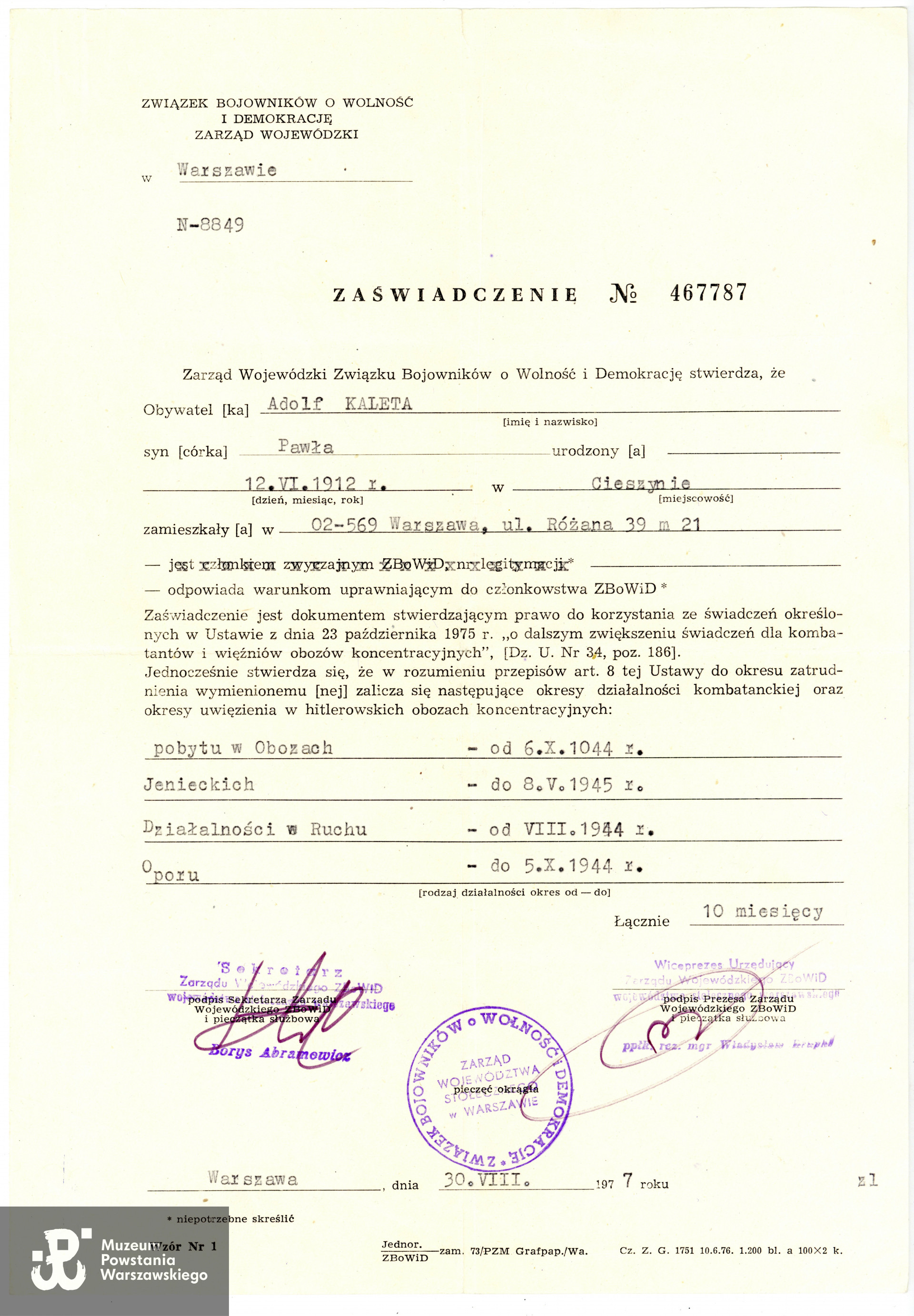Zaświadczenie ZBoWiD wystawione na nazwisko Adolf  Kaleta. Ze zbiorów rodzinnych, udostępniła wnuczka Powstańca, Pani Marta Spychalska, skan wykonano w Muzeum Powstania Warszawskiego, 07/2023