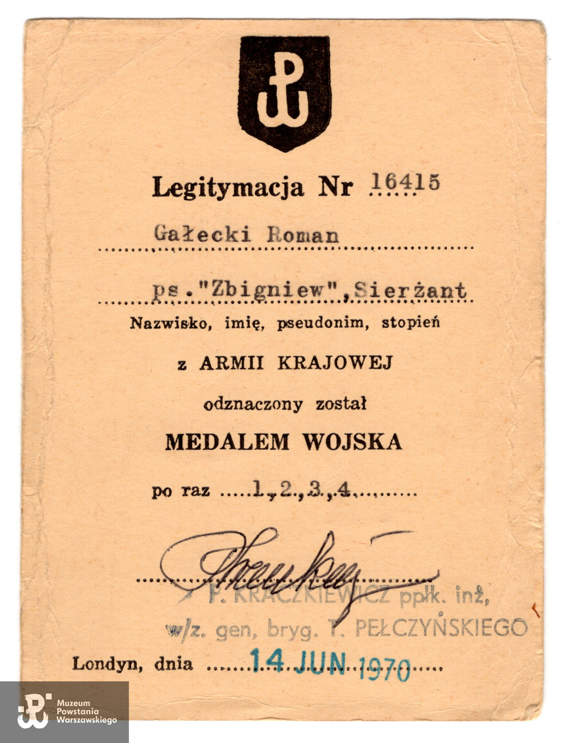 Legitymacja odznaczeniowa: Medal Wojska.  Ze zbiorów rodzinnych p. Danuty Szydłowskiej