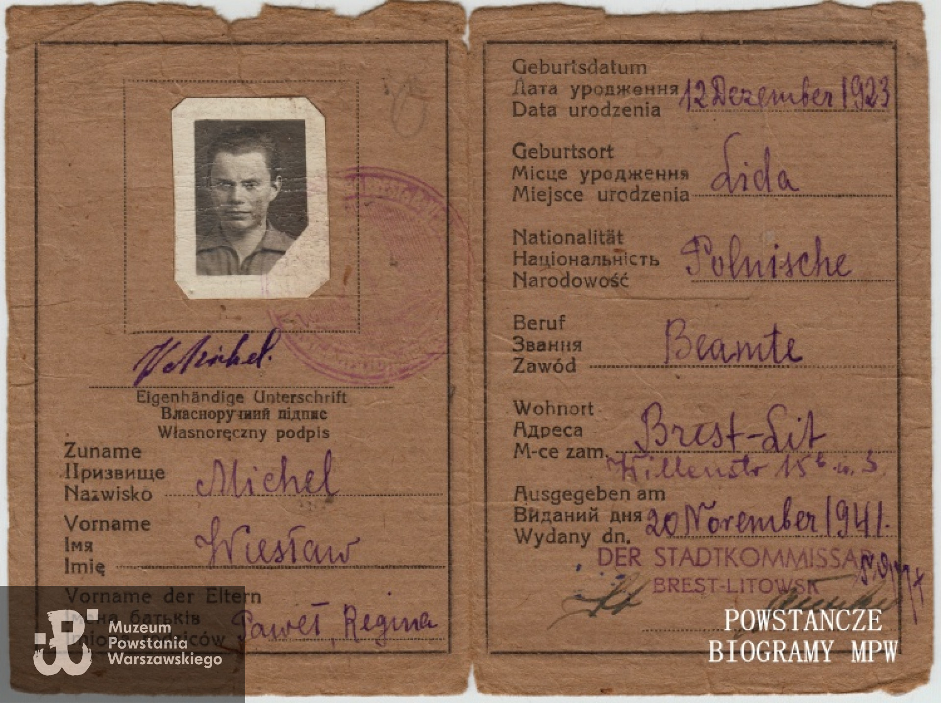 Dowód osobisty Wiesława wydany Brześciu Litewskim w 1941 r.  Z archiwum rodzinnego Andrzeja Michela.