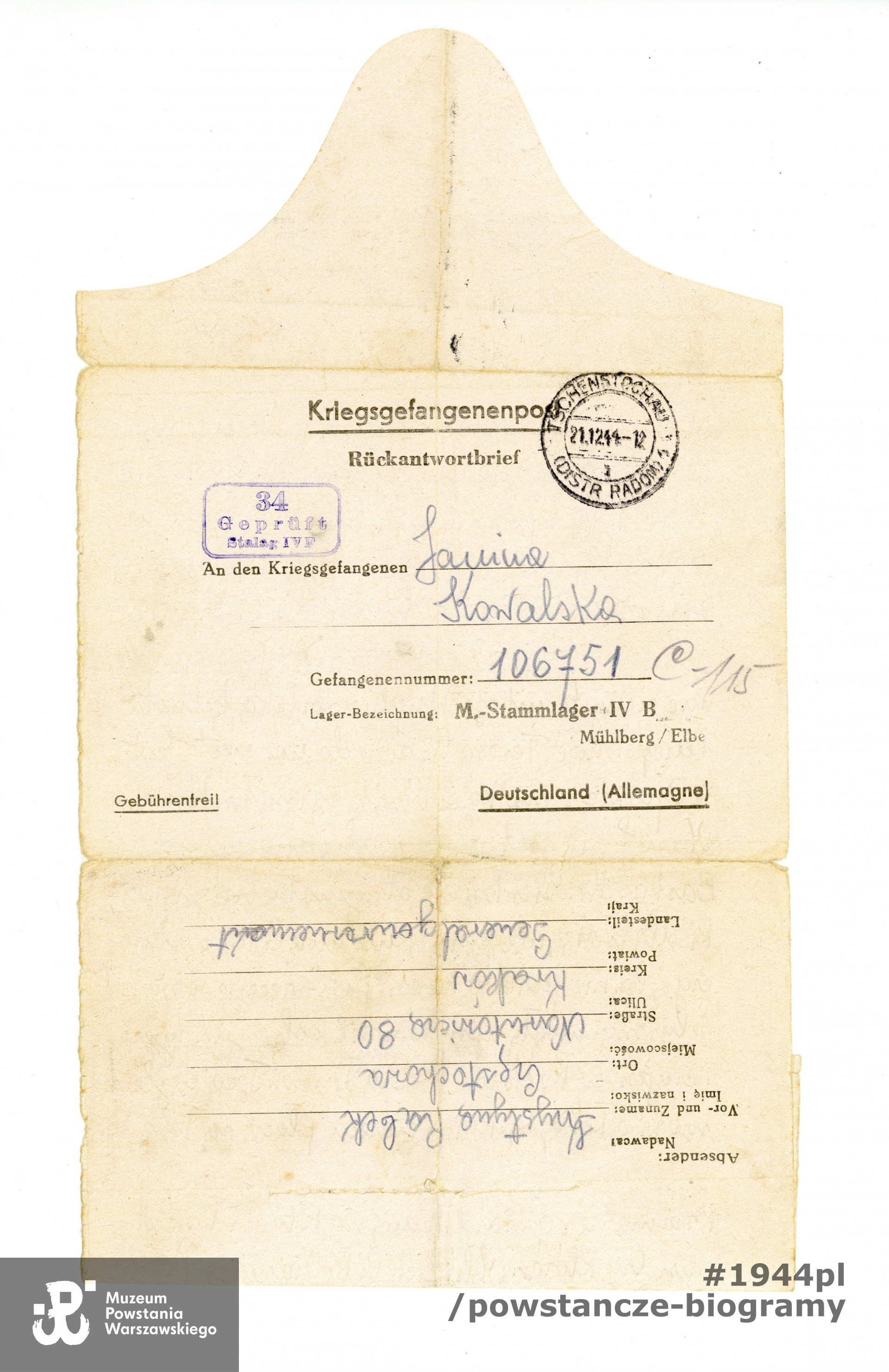 Korespondencja obozowa  Janiny Wierusz-Kowalskiej. Ze zbiorów Muzeum Powstania Warszawskiego sygn. P/7948/14, dar p. Krystyny Rachwał