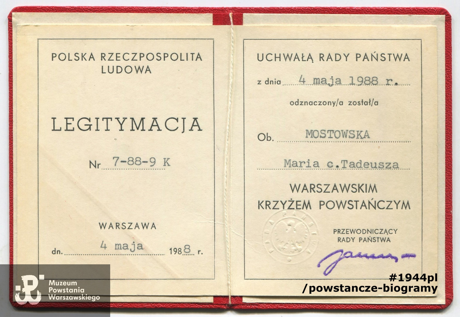 Legitymacja odznaczeniowa - Warszawski Krzyż Powstańczy. Dokument z archiwum rodzinnego p. Marii Mostowskiej z d. Matuszewskiej