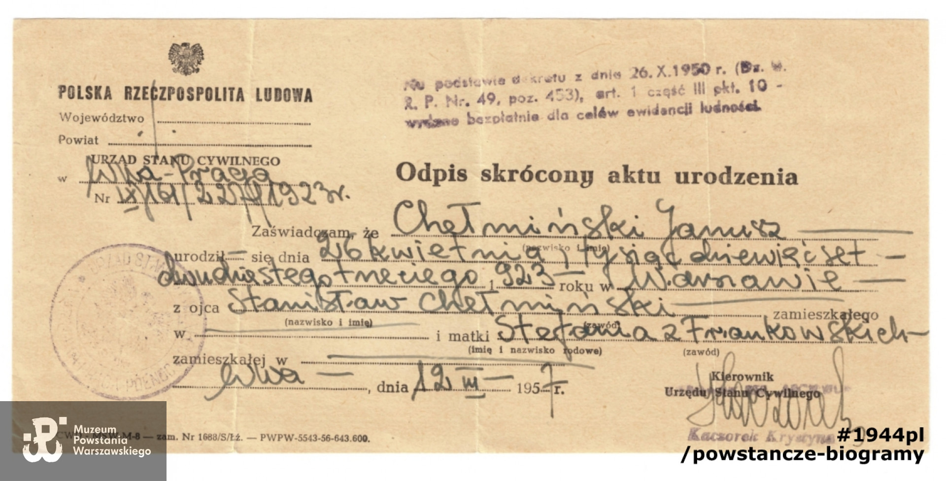 Odpis skrócony aktu urodzenia (1957). Dokument ze zbiorów p. Piotra Chełmińskiego, syna Powstańca