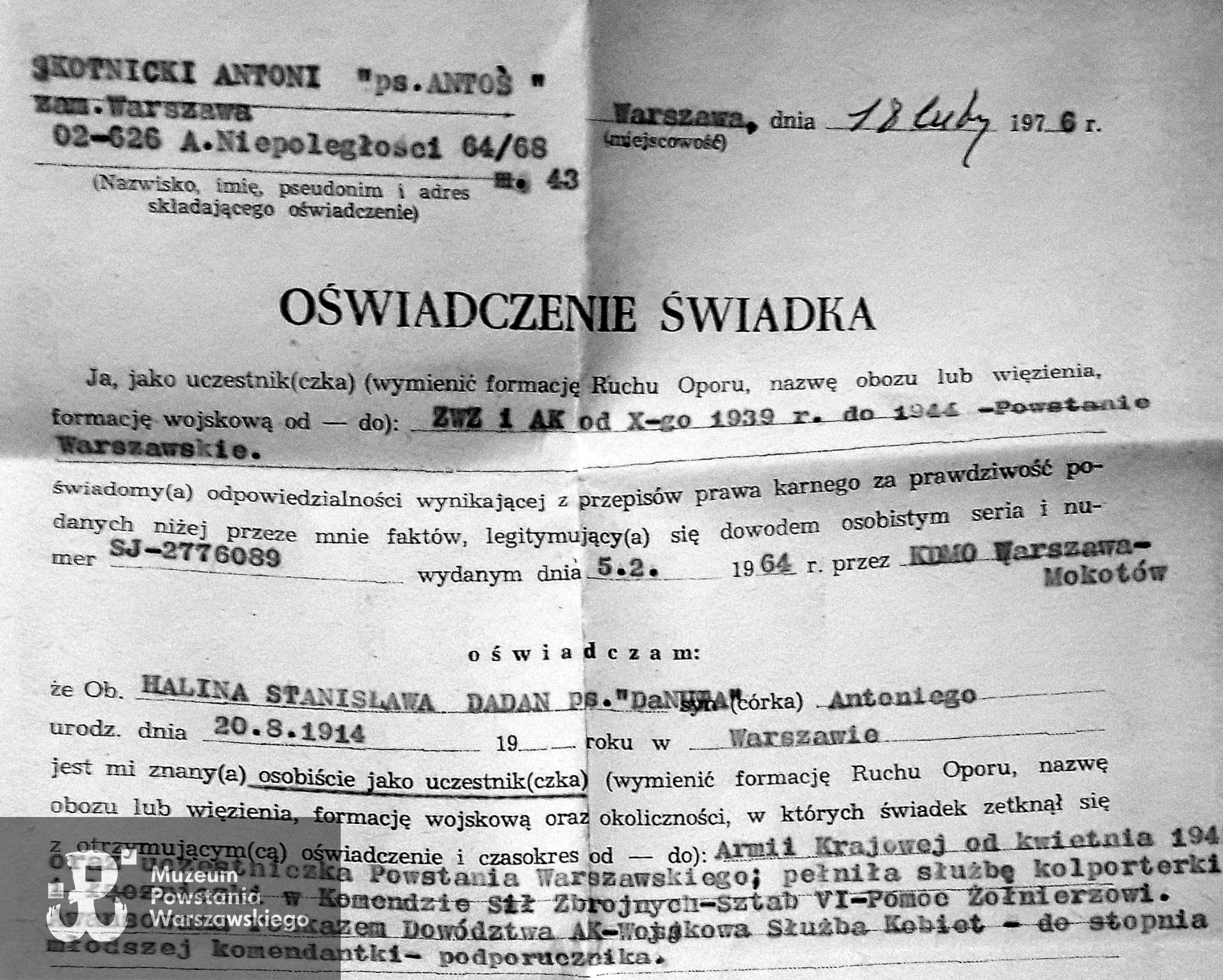 Oświadczenie świadka - por. Antoniego Skotnickiego "Antek" z KG AK VI Oddział, dla ZBoWiD, 18.02.1976.  Ze zbiorów rodzinnych