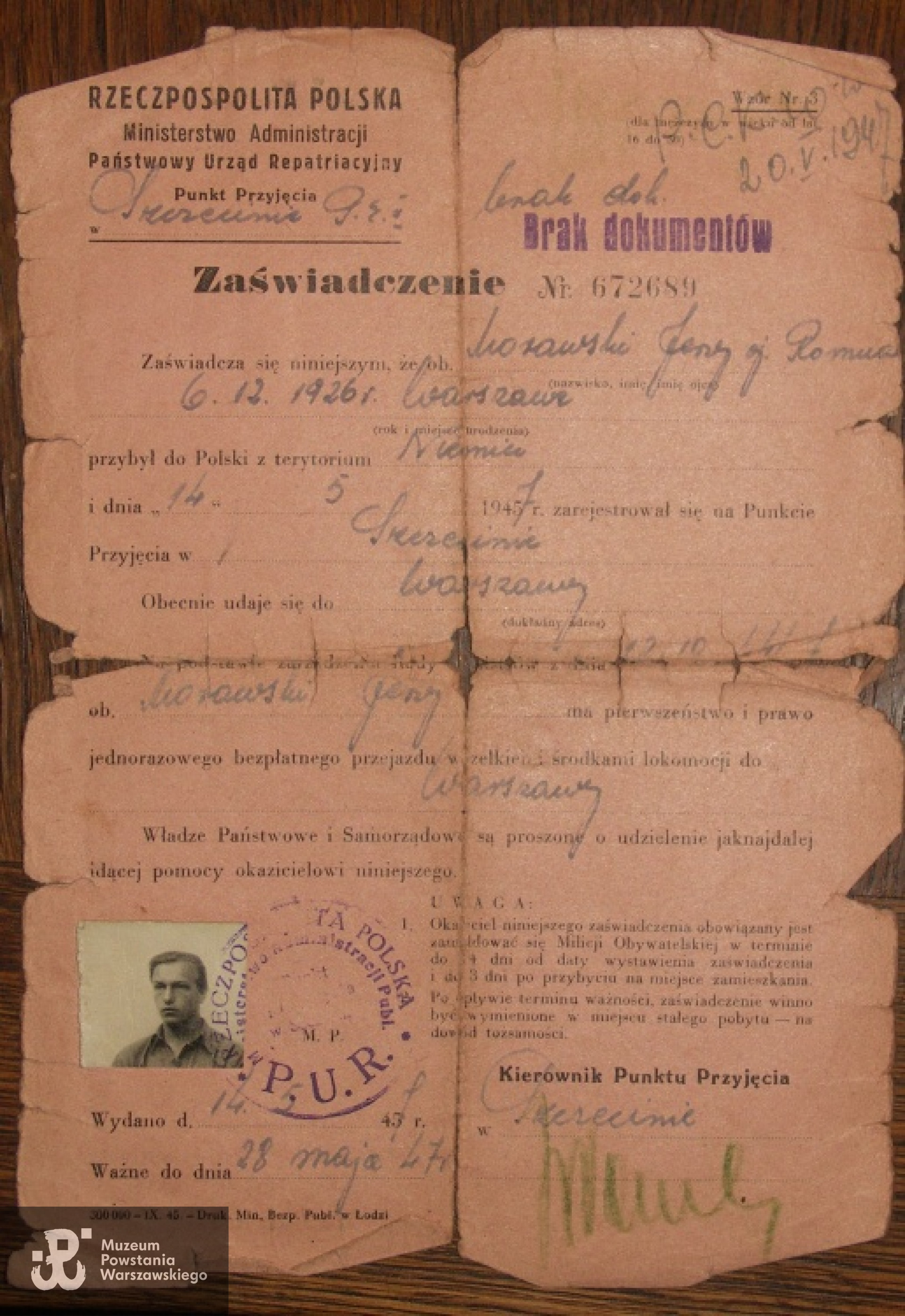 Zaświadczenie repatriacyjne. Fot.: archiwum rodzinne