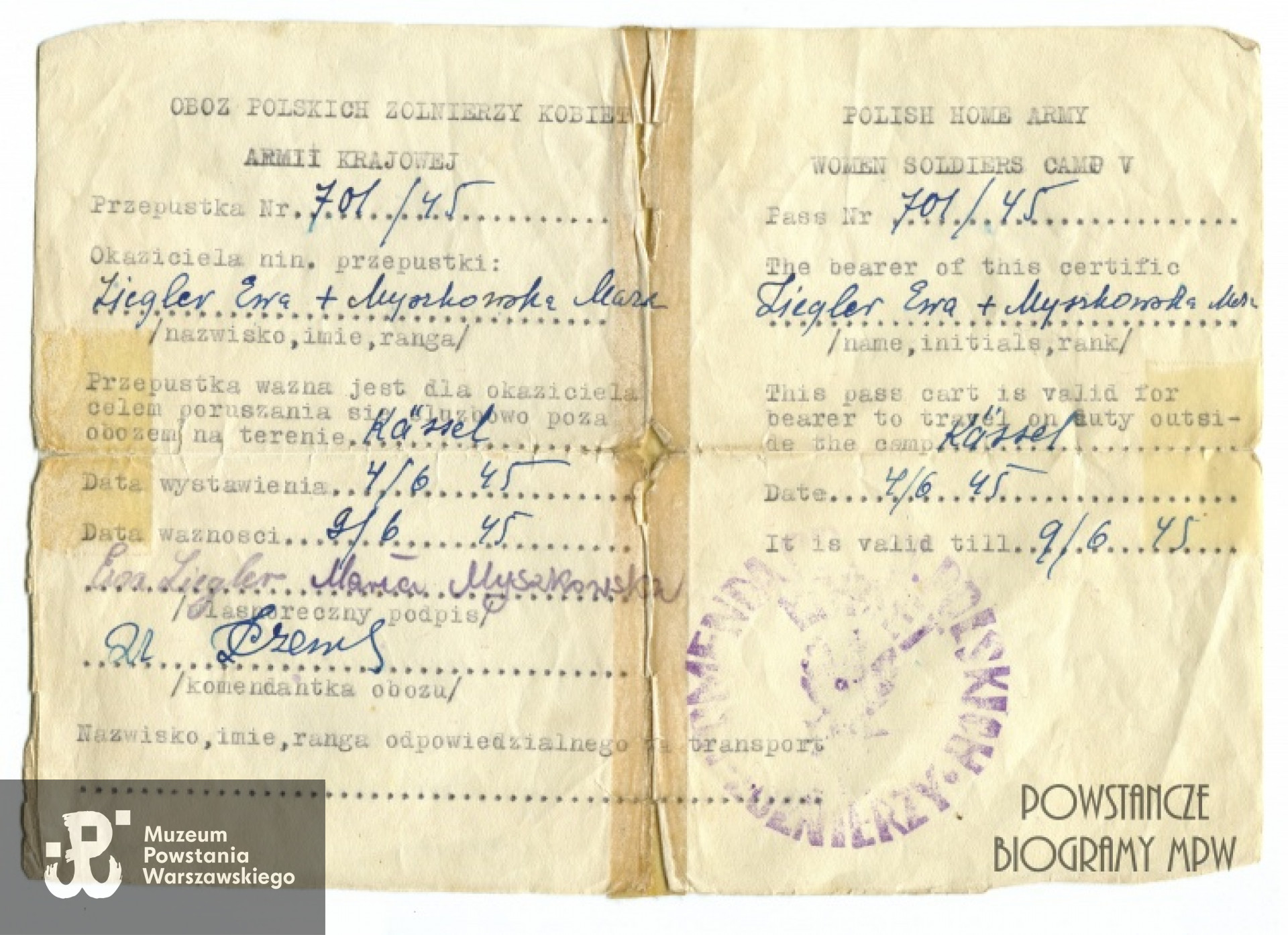 Przepustka z obozu <i>Polskich Żołnierzy Kobiet AK</i>. Z archiwum rodzinnego Marii Bourquin - Rulskiej, obecnie w zbiorach MPW, sygn. P/8408