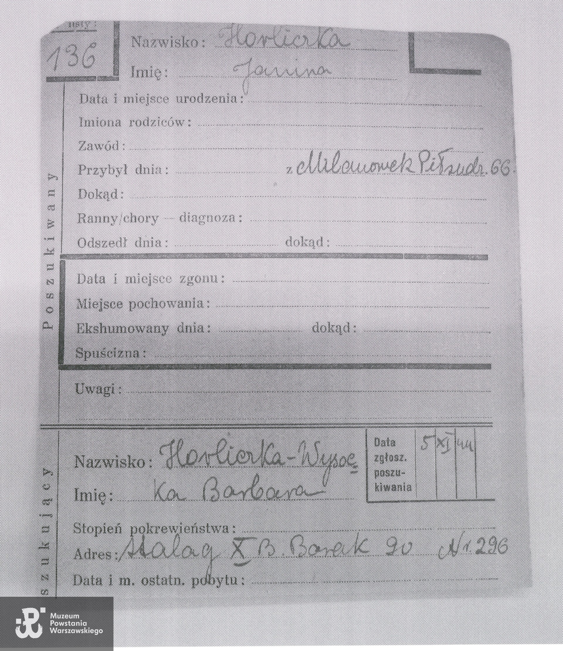 Źr. Teczki personalne uczestników Powstania Warszawskiego: Hordliczka Janina