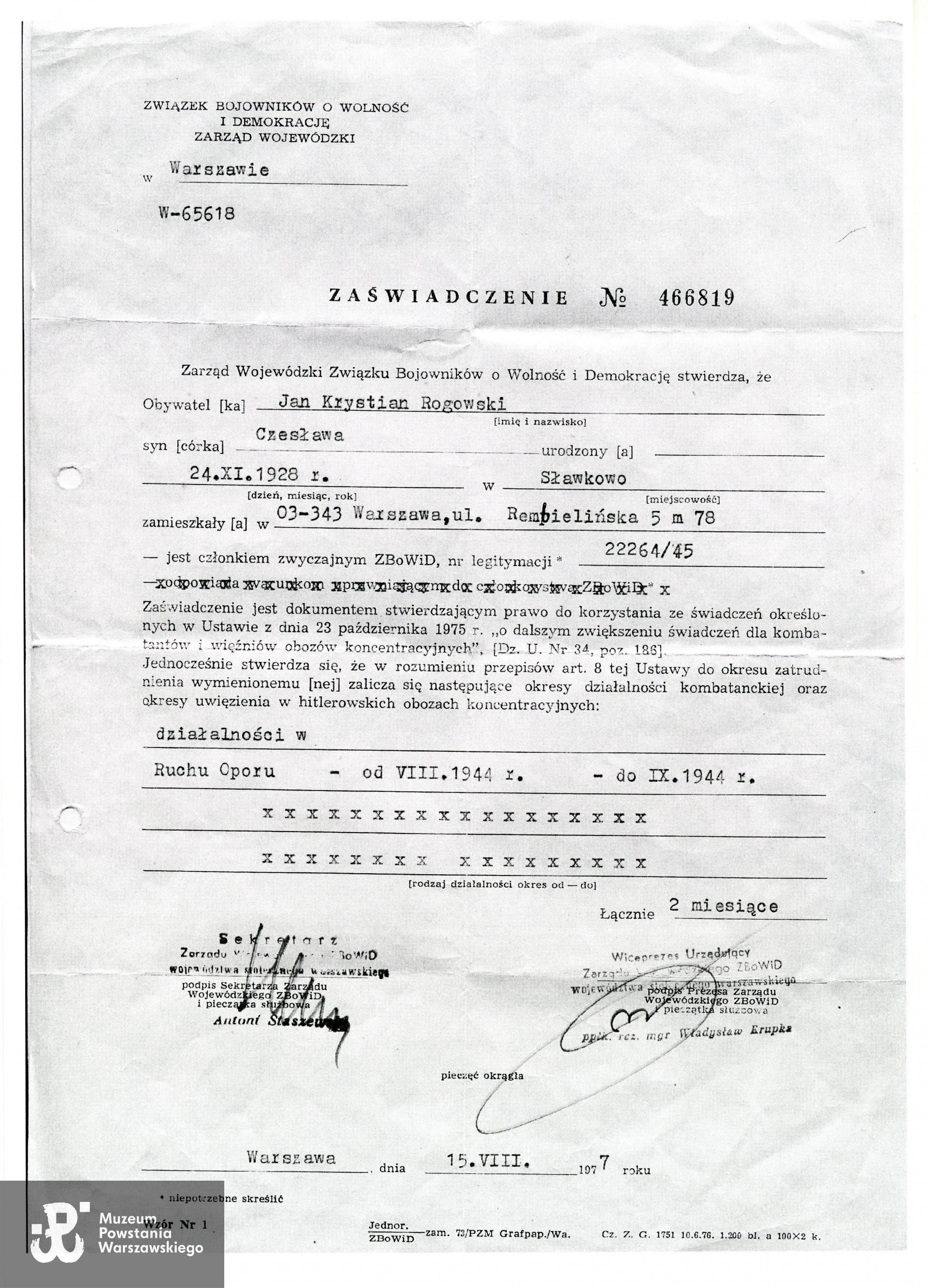 Muzeum Powstania Warszawskiego, Teczki personalne uczestników Powstania Warszawskiego: Rogowski Jan Krystian