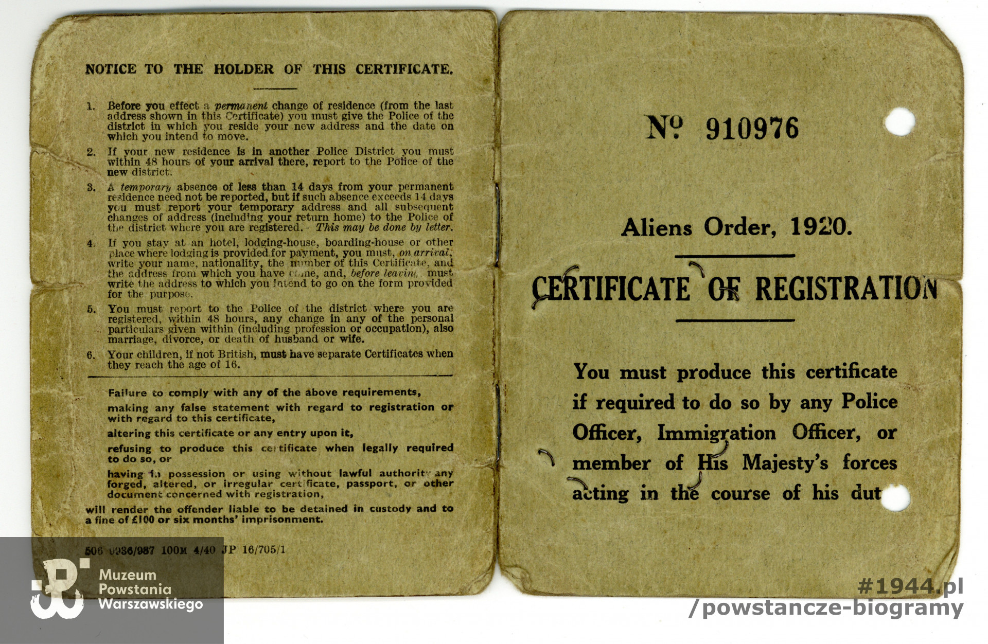 Certificate of Registration - dokument identyfikacyjny dla osób przybywających do Wielkiej Brytanii. Z archiwum rodzinnego, udostępnił p. Piotr Gosk