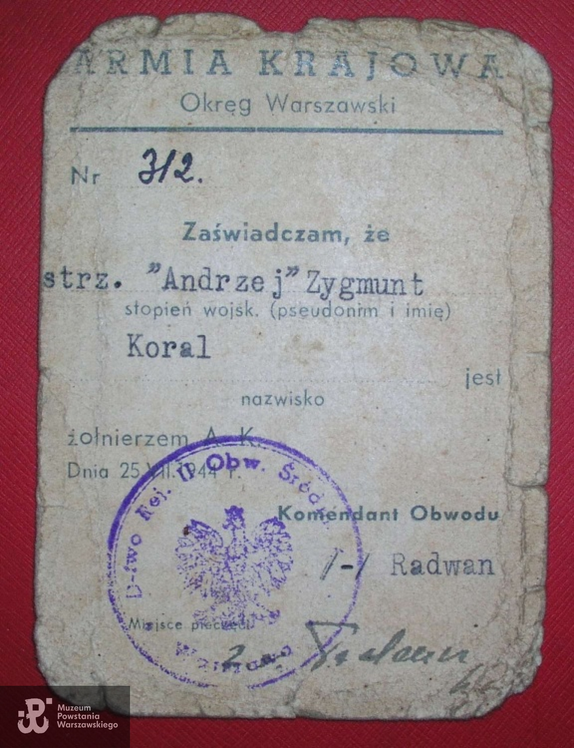 Powstanie Warszawskie - Legitymacja AK strzelca "Andrzeja". Udostępnił  p. Wojciech Pakuła vel Rutka