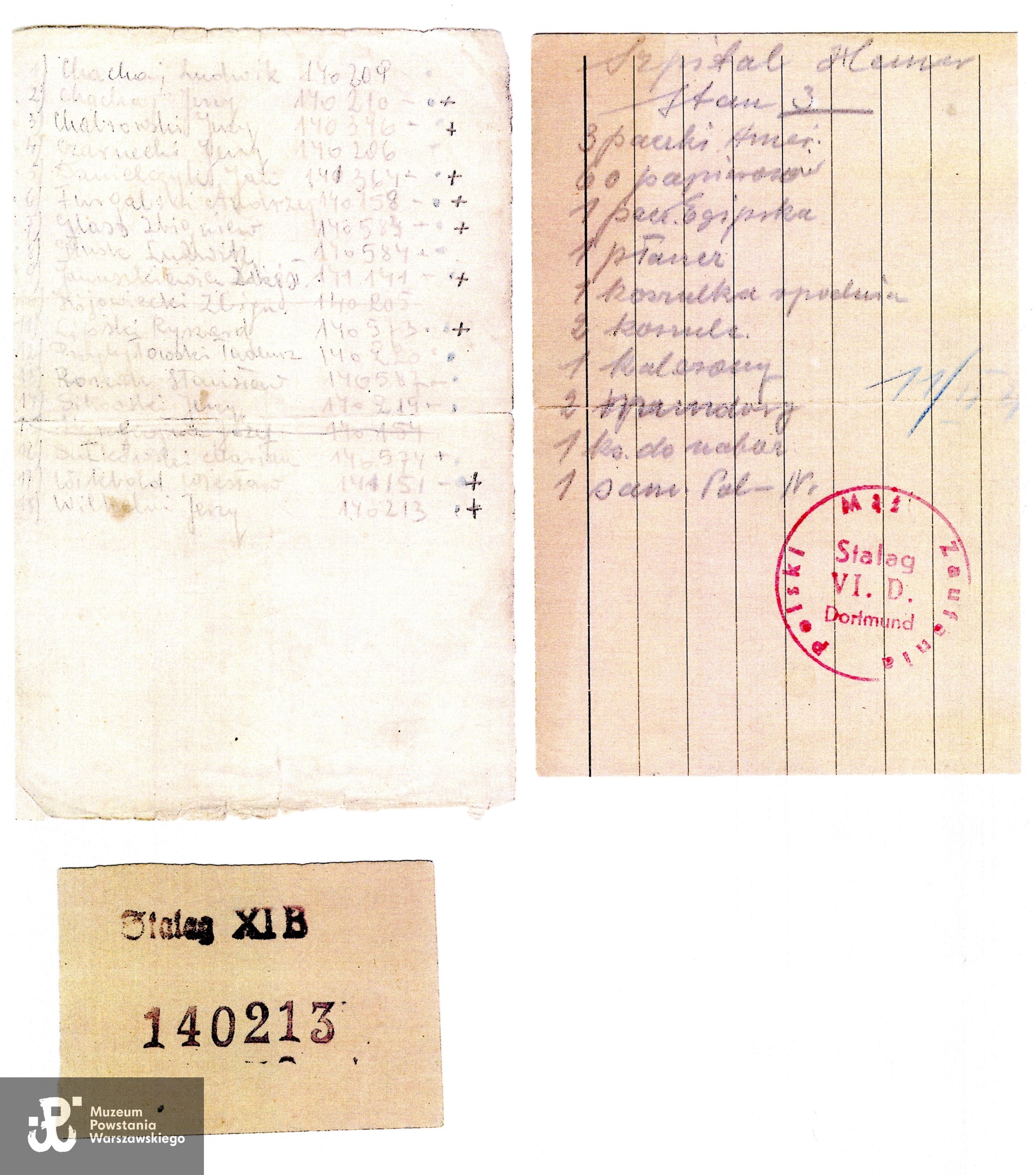 Zapiski z okresu pobytu w obozie jenieckim. Na dole numerek jeniecki na tekturce pochodzący ze Stalagu XI B. Skan z kserokopii,  Muzeum Powstania Warszawskiego, Teczki personalne uczestników Powstania Warszawskiego: Wilhelmi Jerzy. 