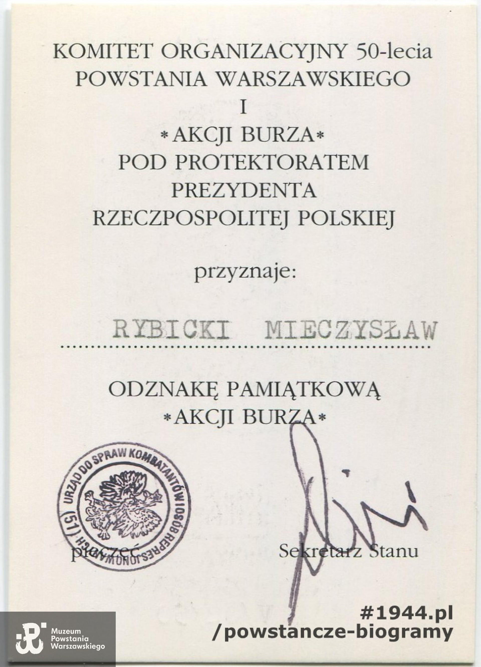 Legitymacja odznaczeniowa - Odznaka Pamiątkowa Akcji Burza. Ze zbiorów Mieczysława Rybickiego